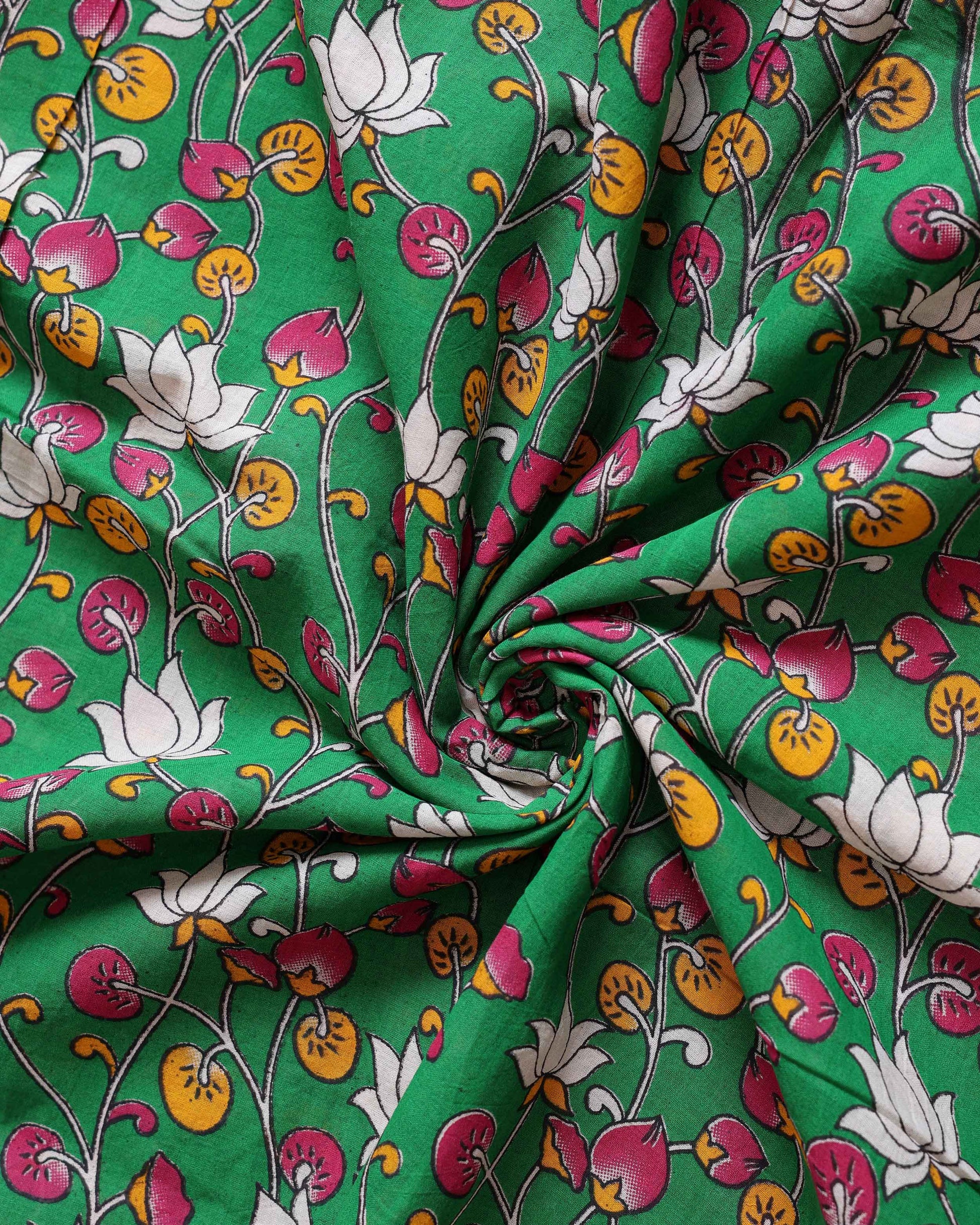 Hand-Painted Kalamkari Cotton Saree with Traditional Lotus and Floral Motifs - Close