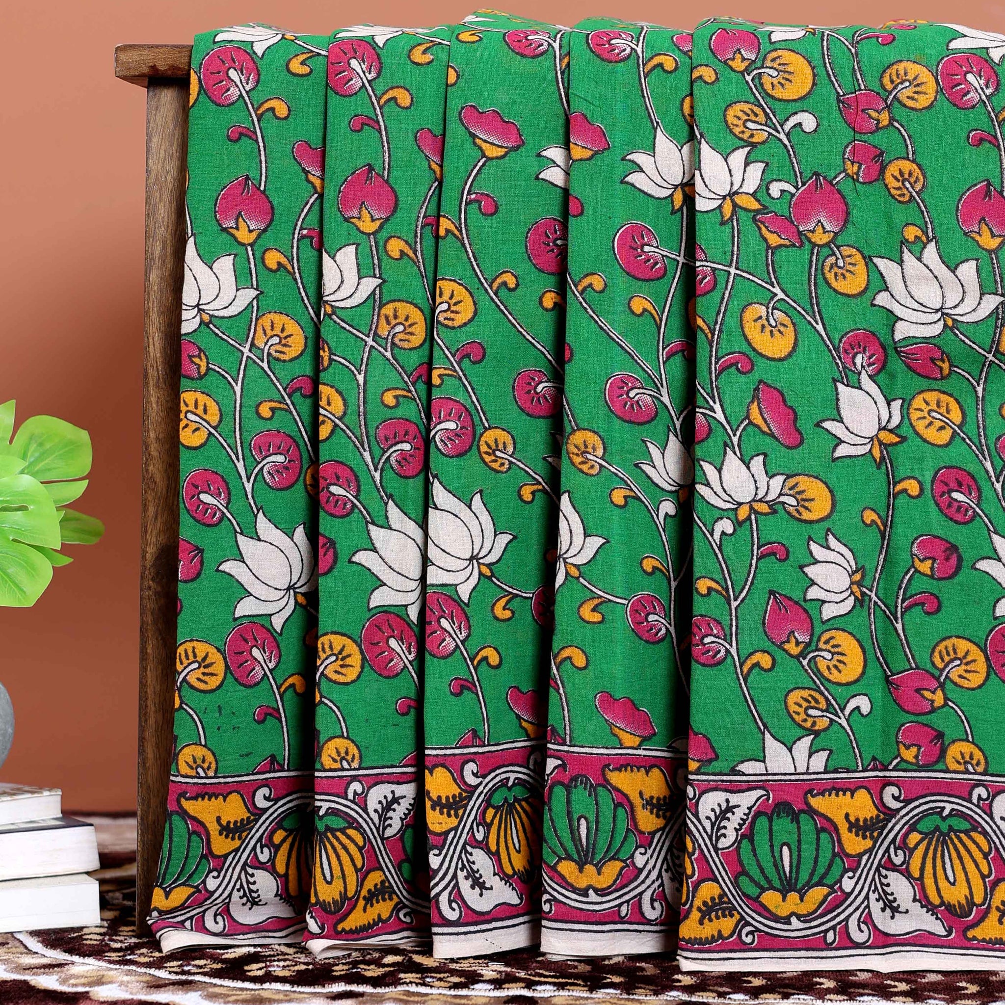 Hand-Painted Kalamkari Cotton Saree with Traditional Lotus and Floral Motifs - Green