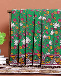 Hand-Painted Kalamkari Cotton Saree with Traditional Lotus and Floral Motifs - Green