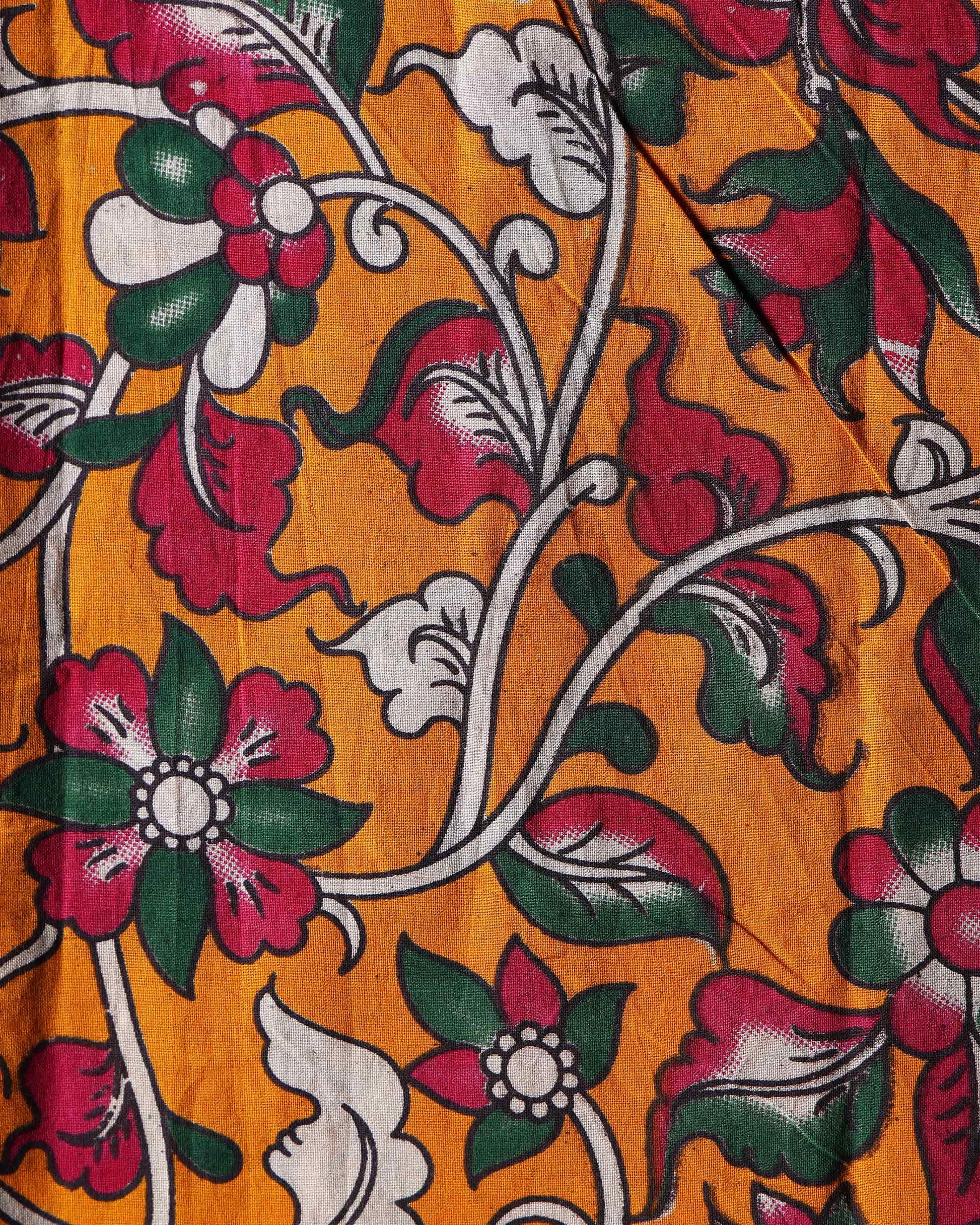 Hand-Painted Kalamkari Print Unstitched Blouse Material - Yellow-Close