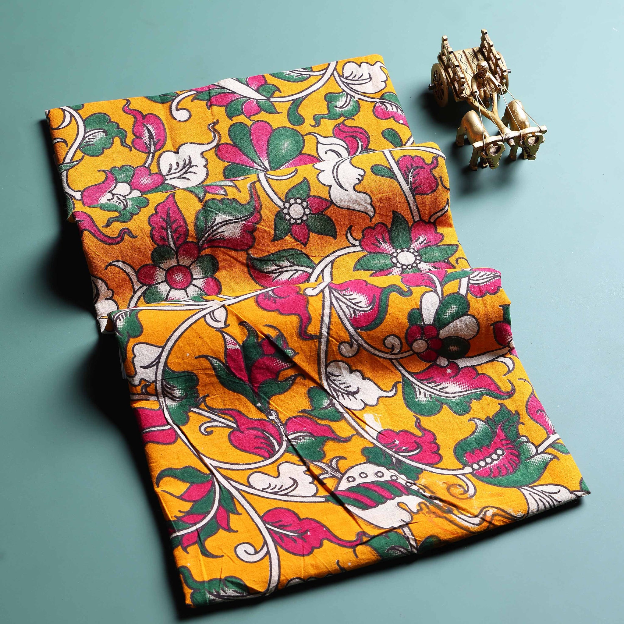 Hand-Painted Kalamkari Print Unstitched Blouse Material - Yellow