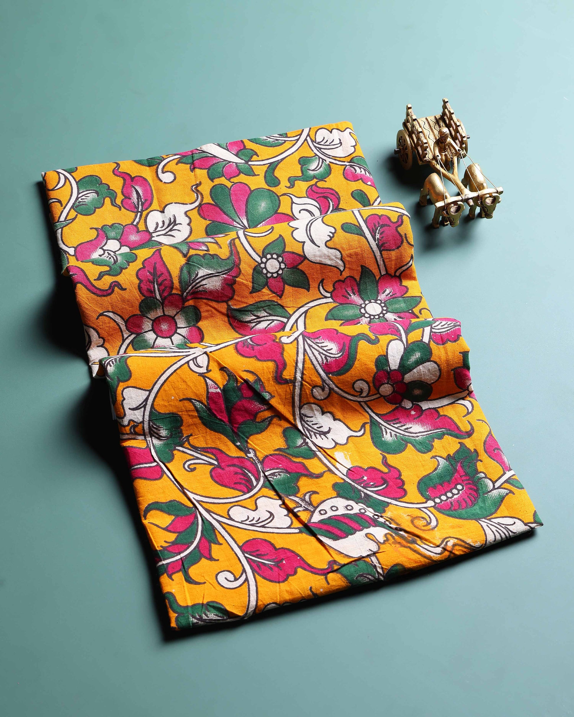 Hand-Painted Kalamkari Print Unstitched Blouse Material - Yellow