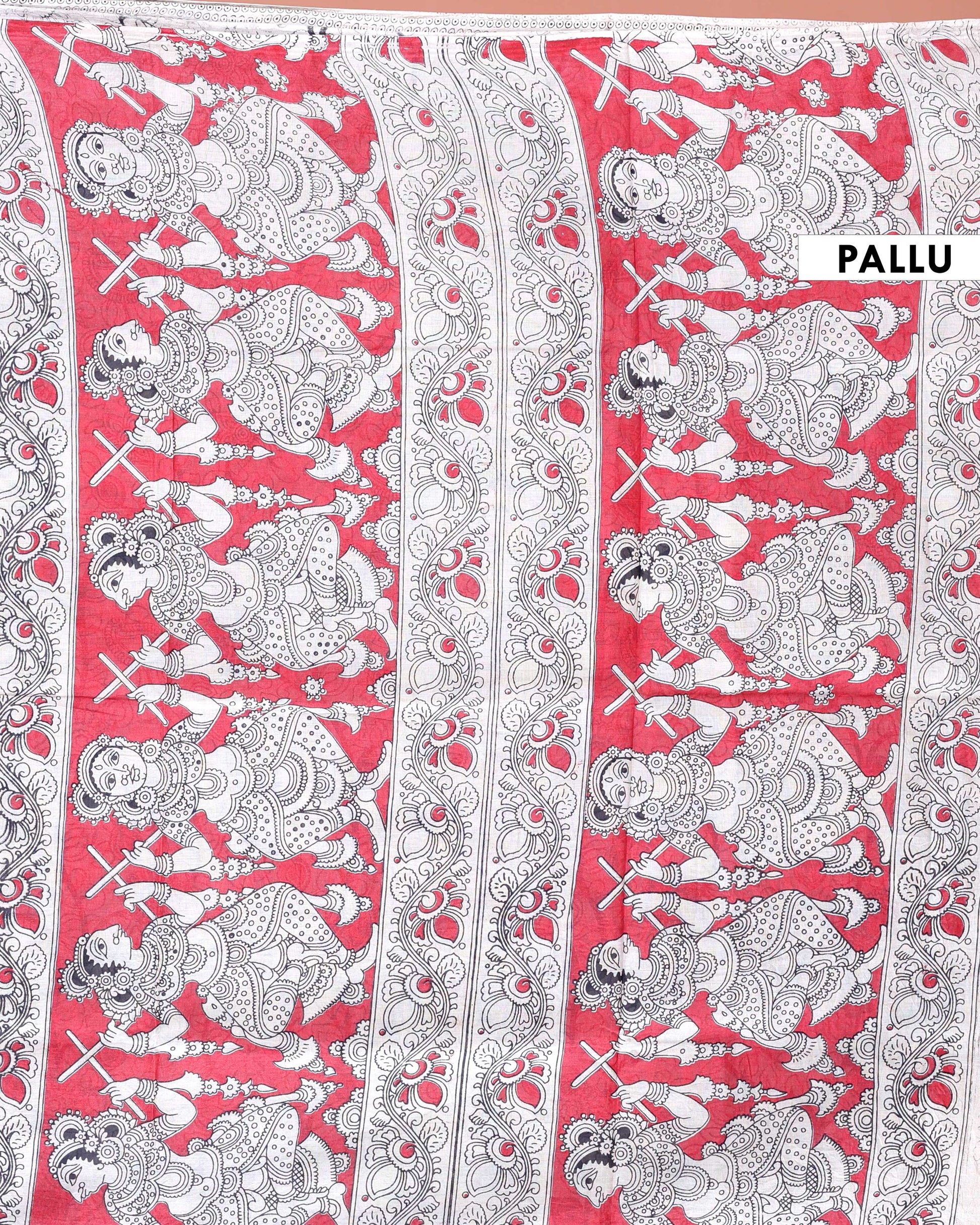 
Hand-Painted Traditional Kalamkari Cotton Saree with Traditional Motifs - Pallu
