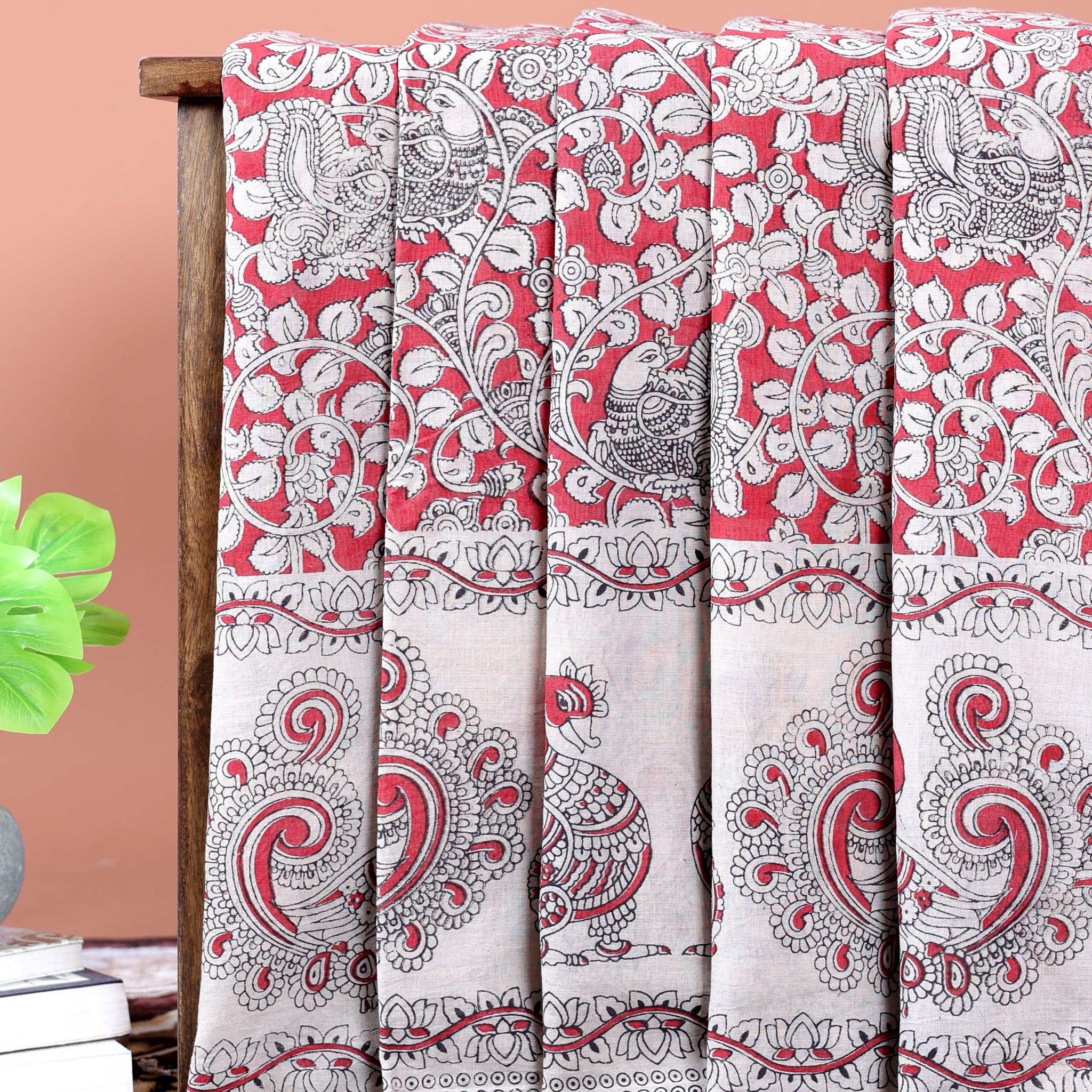 Hand-Painted Traditional Kalamkari Cotton Saree with Traditional Motifs - Pink