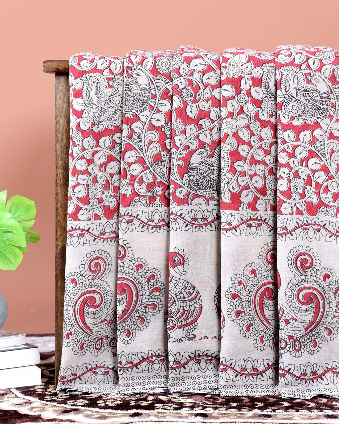 Hand-Painted Traditional Kalamkari Cotton Saree with Traditional Motifs - Pink