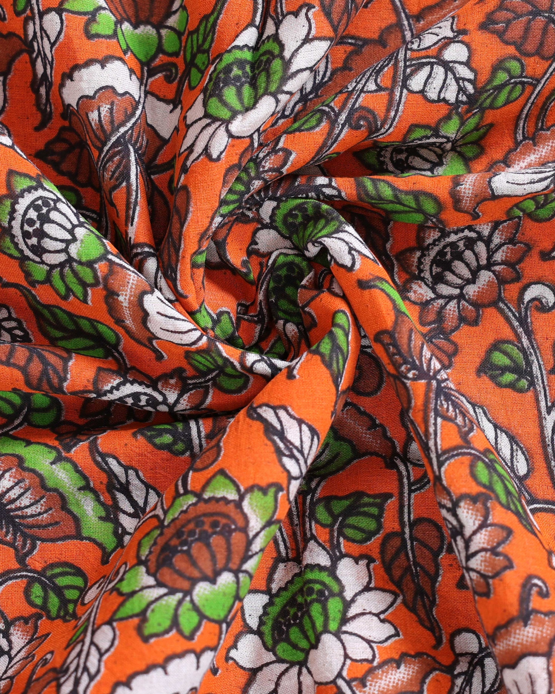 Hand-Printed Kalamkari Cotton Saree with Intricate Border & Floral Design - Close