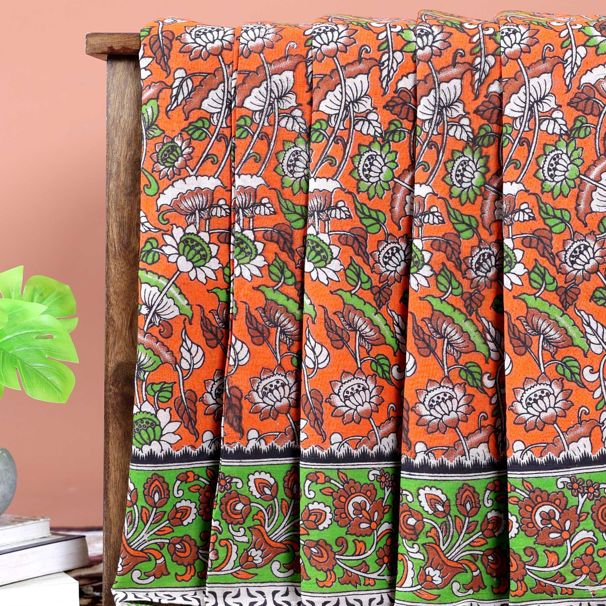 Hand-Printed Kalamkari Cotton Saree with Intricate Border & Floral Design - Orange