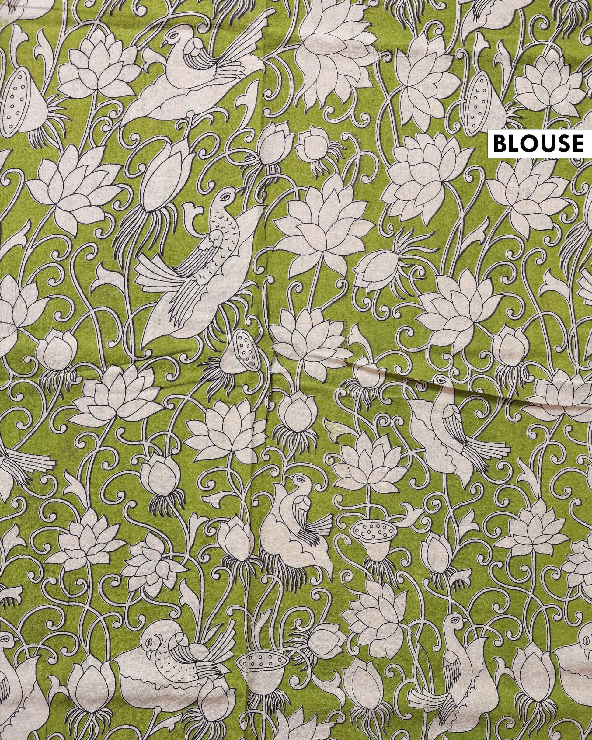 Hand-painted Kalamkari Cotton Saree with Traditional Bird & Floral Motifs - Cream-Blouse