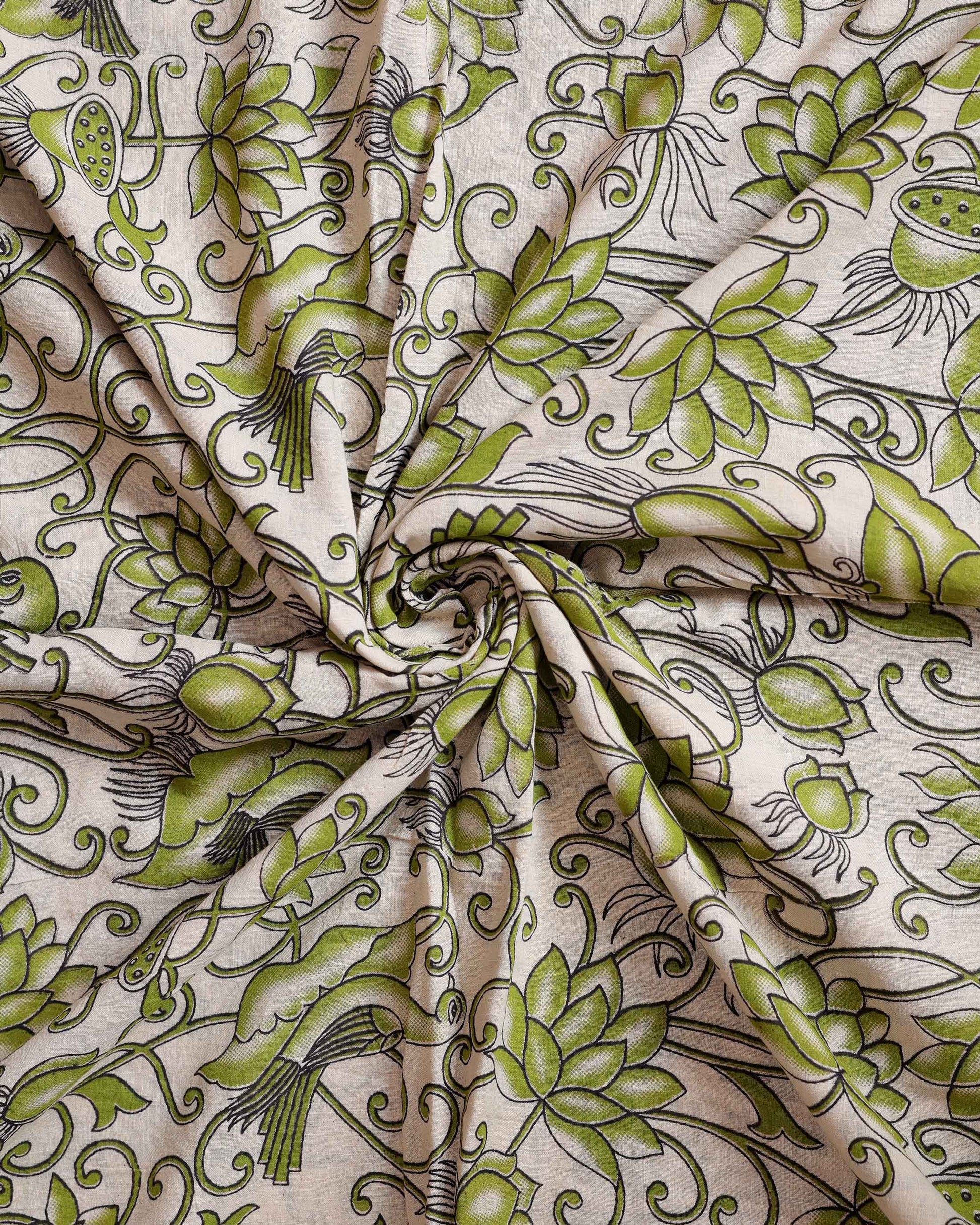 Hand-painted Kalamkari Cotton Saree with Traditional Bird & Floral Motifs - Cream-Close