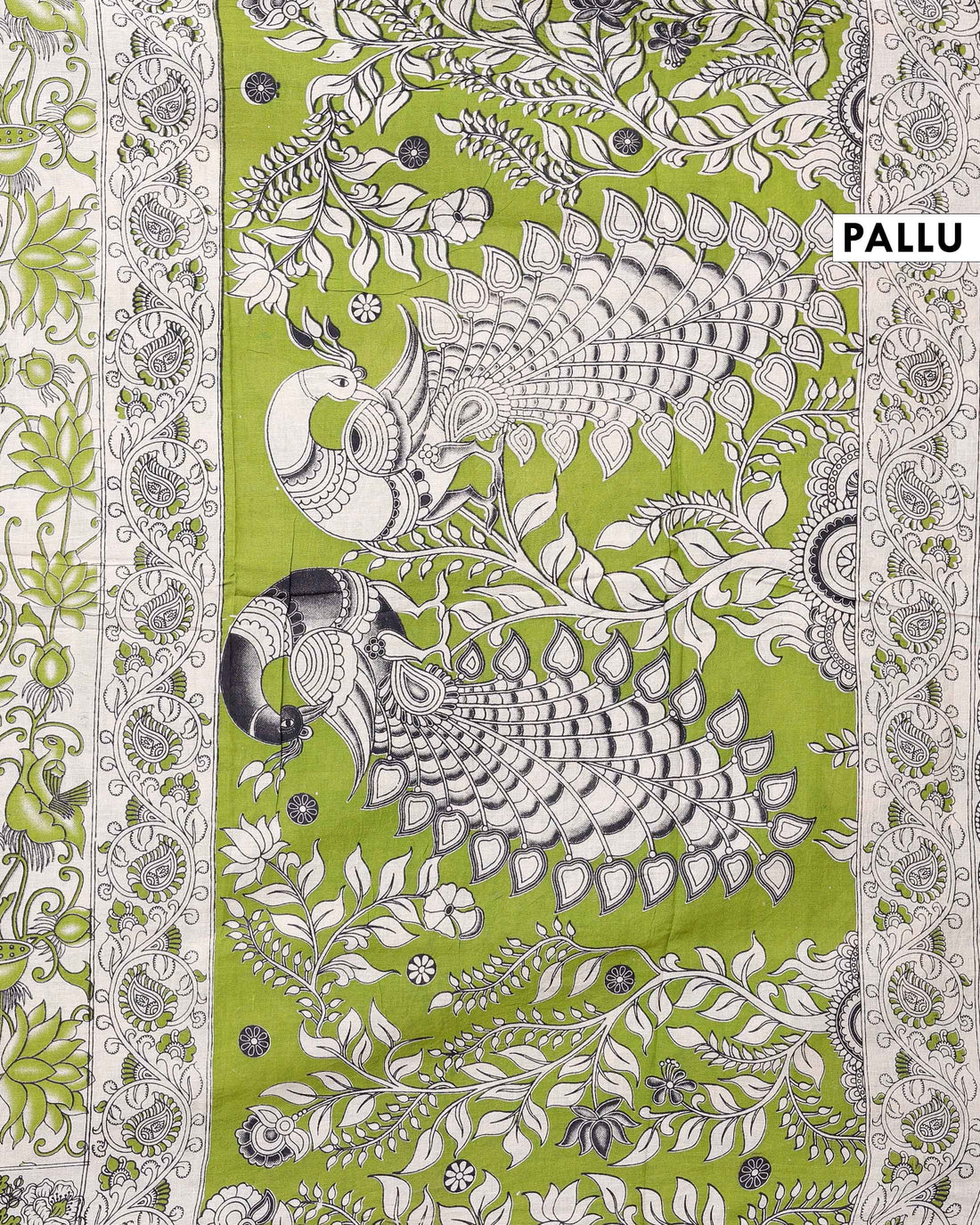 Hand-painted Kalamkari Cotton Saree with Traditional Bird & Floral Motifs - Cream