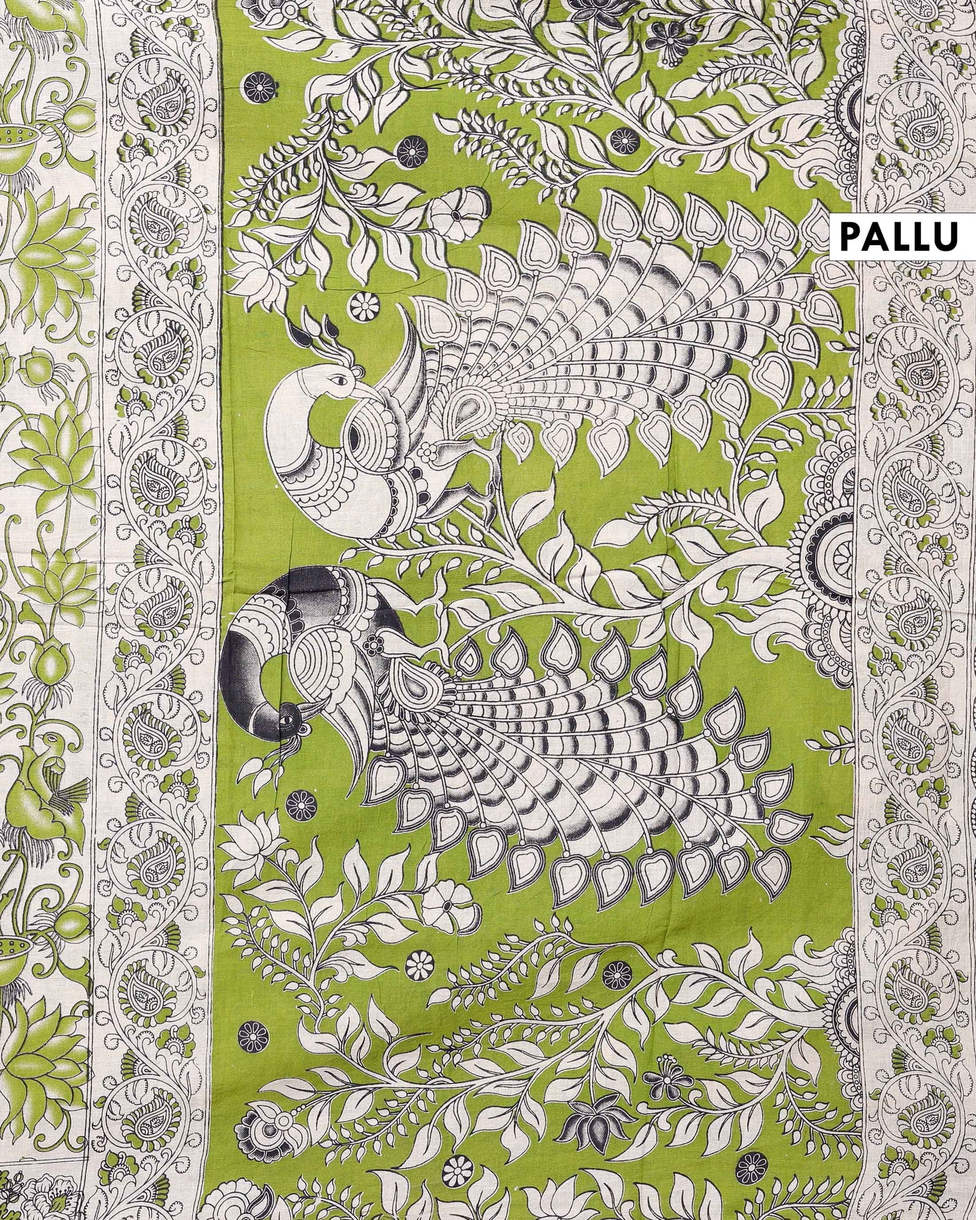 Hand-painted Kalamkari Cotton Saree with Traditional Bird & Floral Motifs - Cream-PALLU