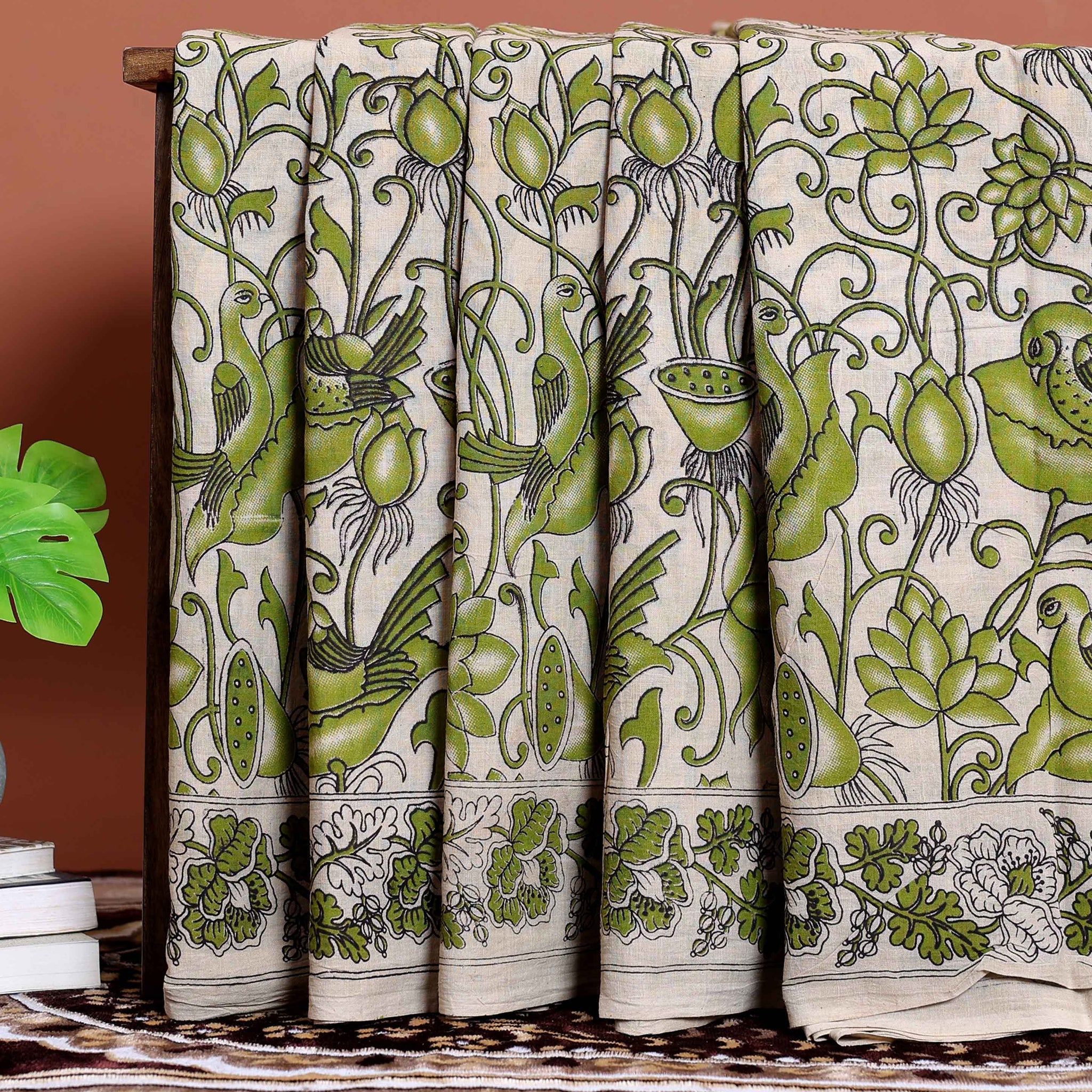 Hand-painted Kalamkari Cotton Saree with Traditional Bird & Floral Motifs - Cream