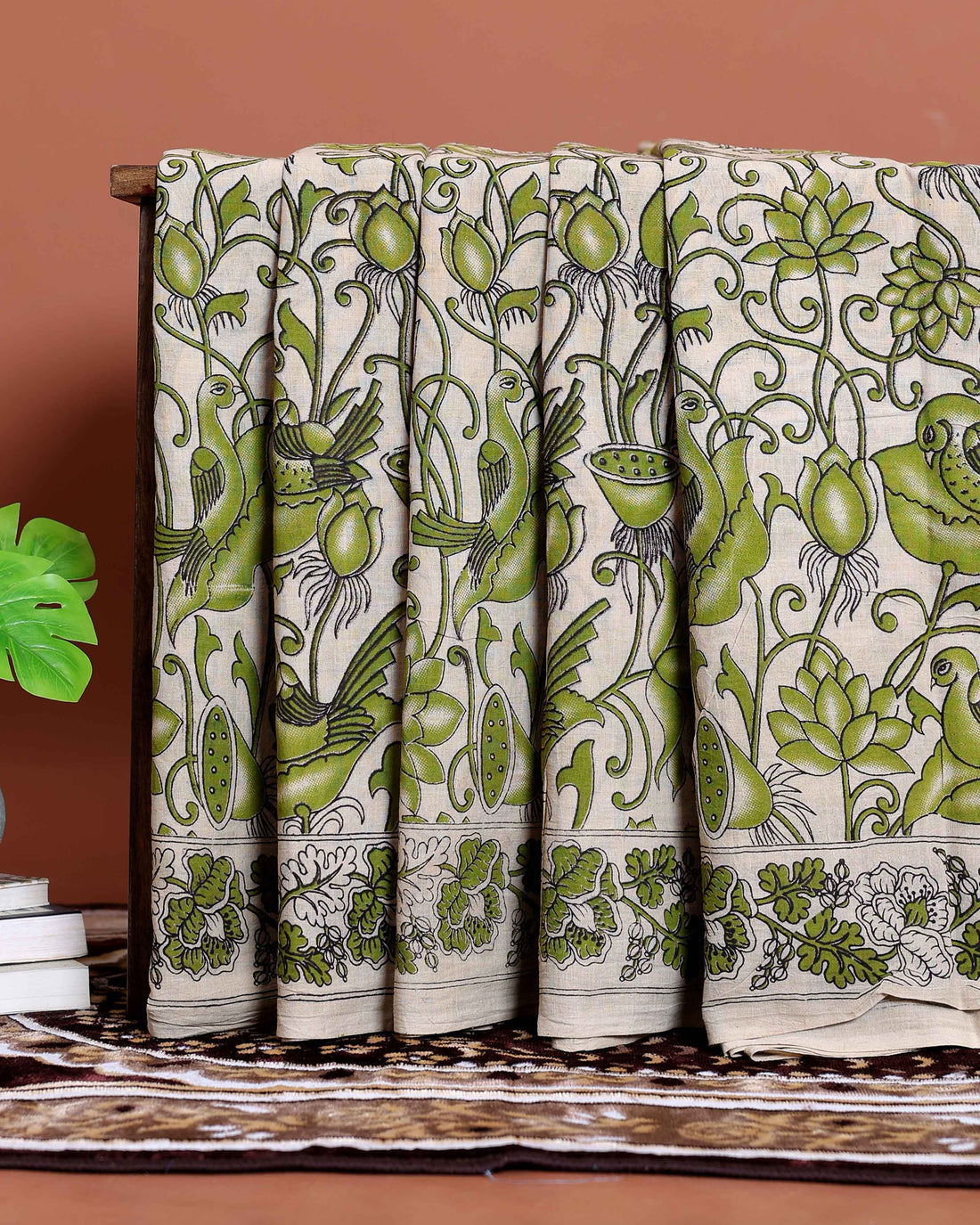 Hand-painted Kalamkari Cotton Saree with Traditional Bird & Floral Motifs - Cream
