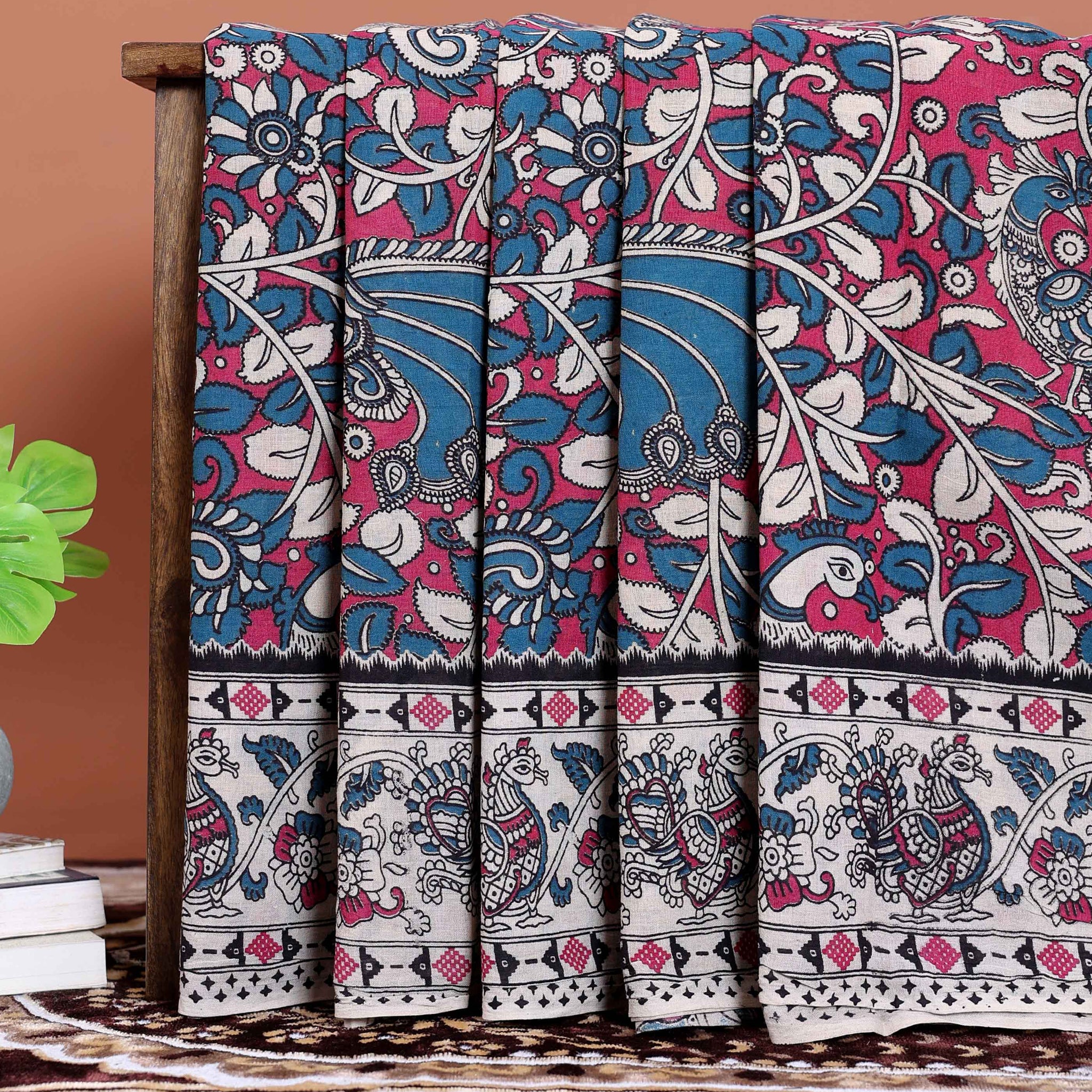 Hand-painted Kalamkari Cotton Saree with Traditional Floral and Avian Motifs  - Pink
