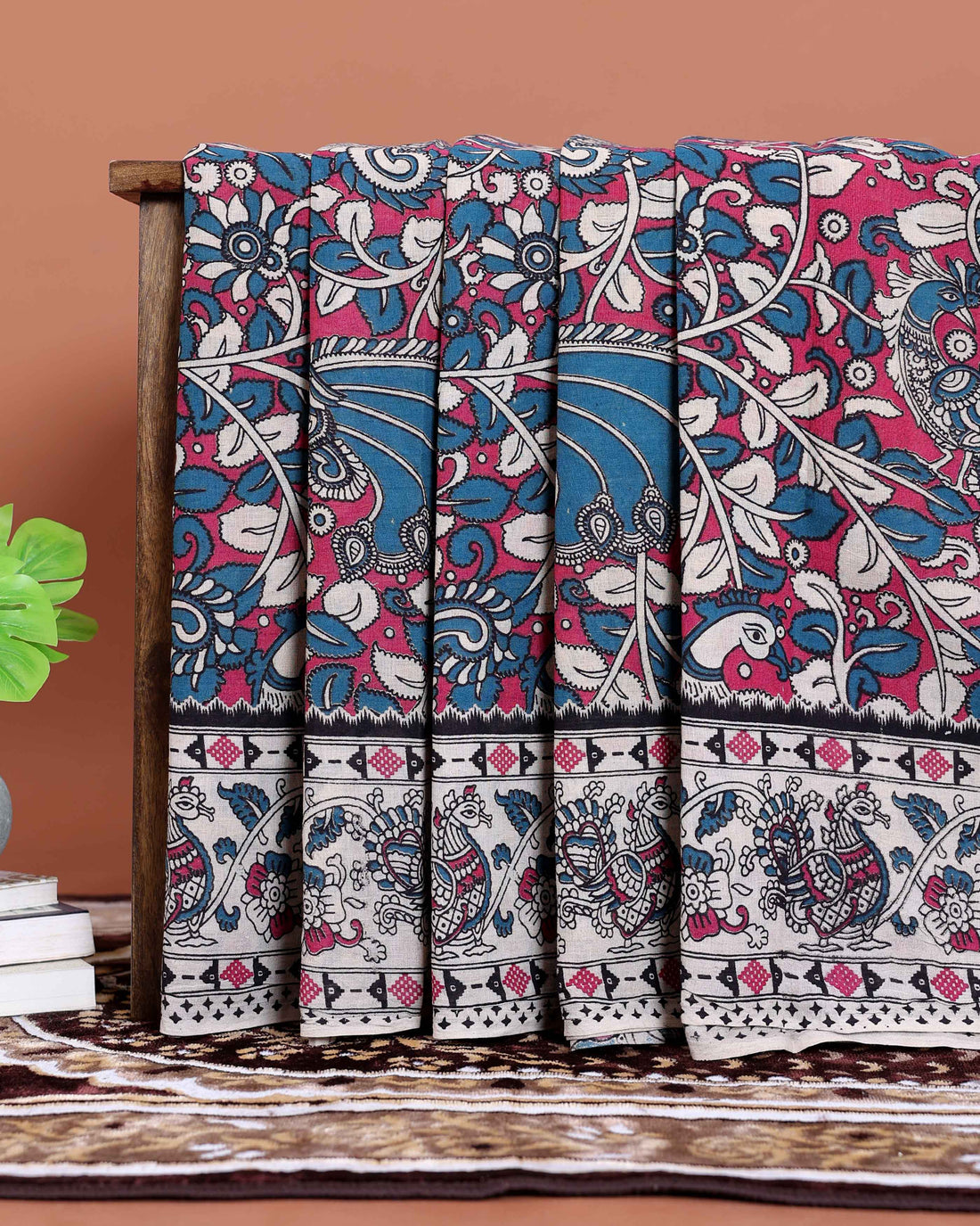 Hand-painted Kalamkari Cotton Saree with Traditional Floral and Avian Motifs  - Pink