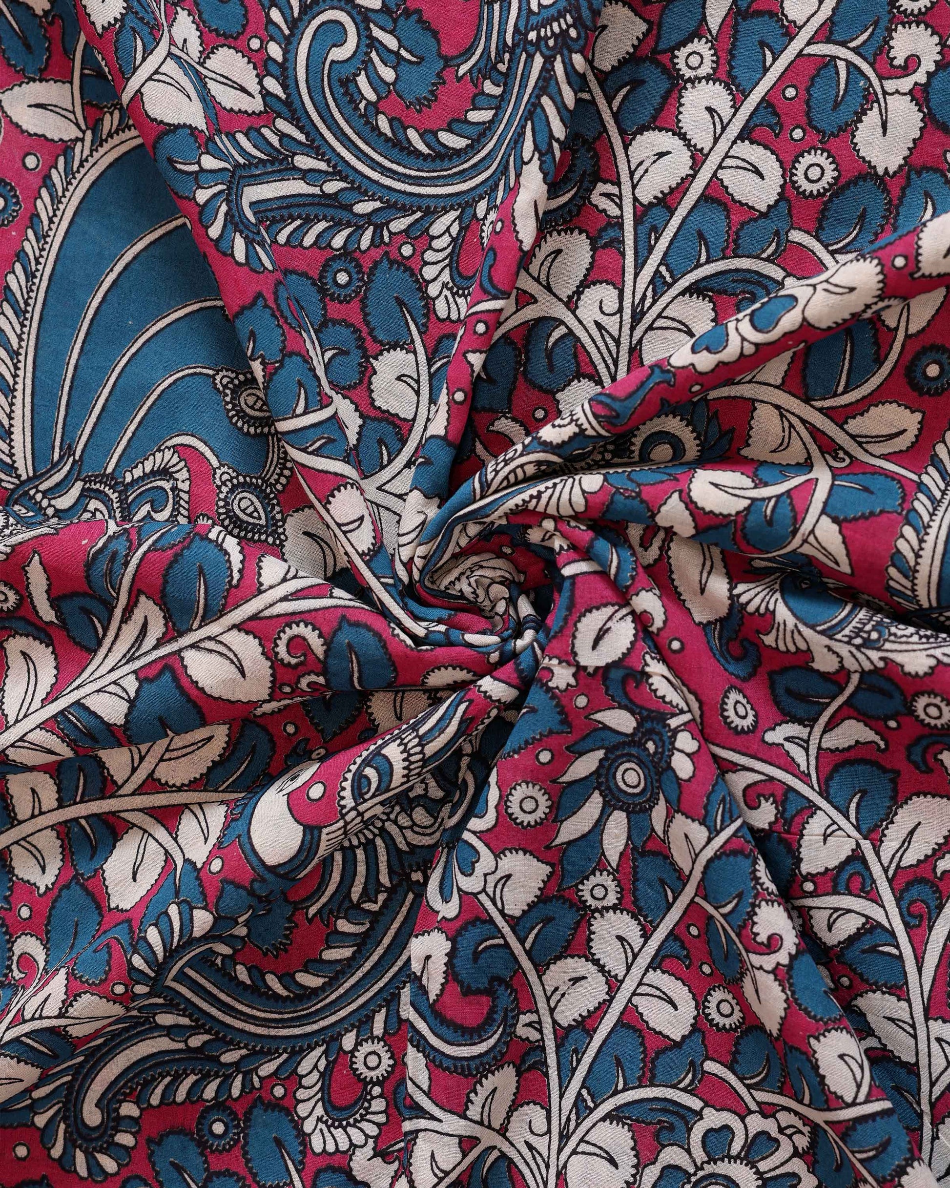 Hand-painted Kalamkari Cotton Saree with Traditional Floral and Avian Motifs  - Pink - Close
