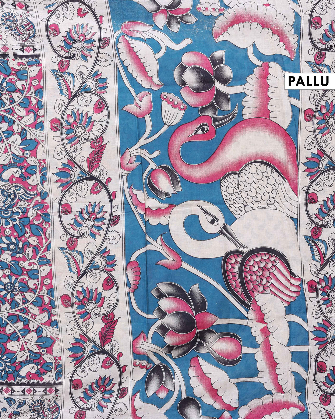 Hand-painted Kalamkari Cotton Saree with Traditional Floral and Avian Motifs  - Pink