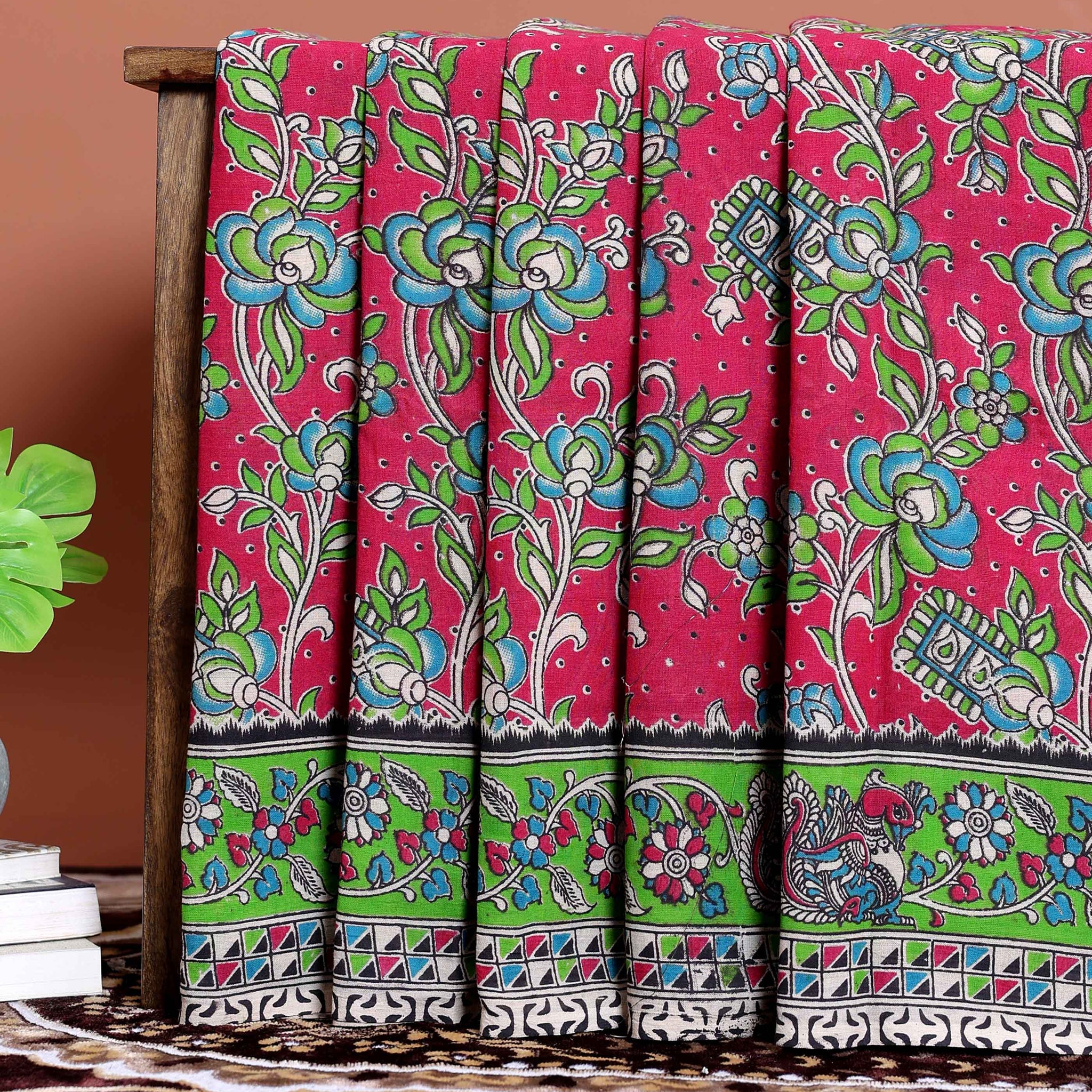 Hand-painted Kalamkari Cotton Saree with Traditional Floral and Peacock Motifs - Red