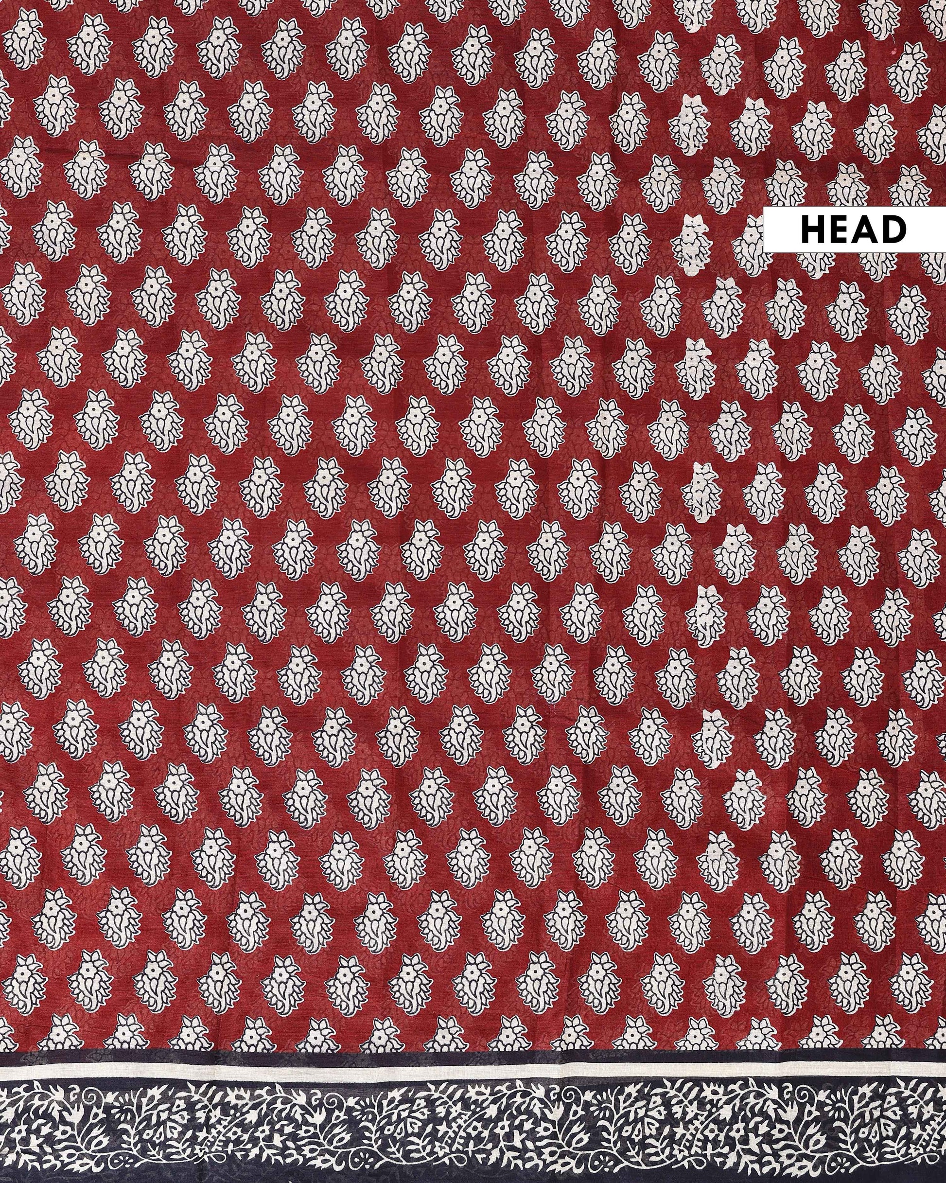 Hand Block Printed Mul Mul Cotton Saree with Elegant Floral Motifs - Maroon-Head