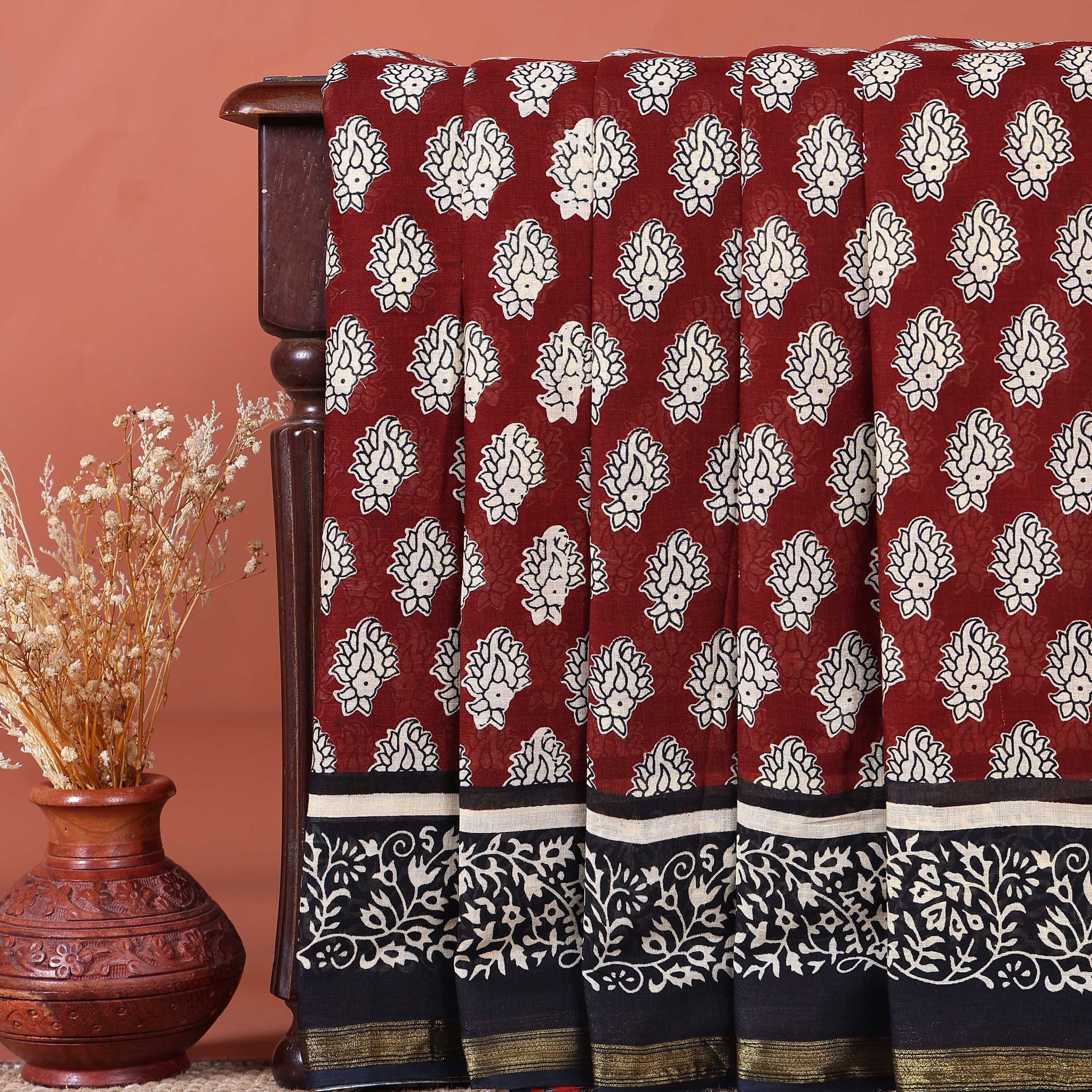 Hand Block Printed Mul Mul Cotton Saree with Elegant Floral Motifs - Maroon