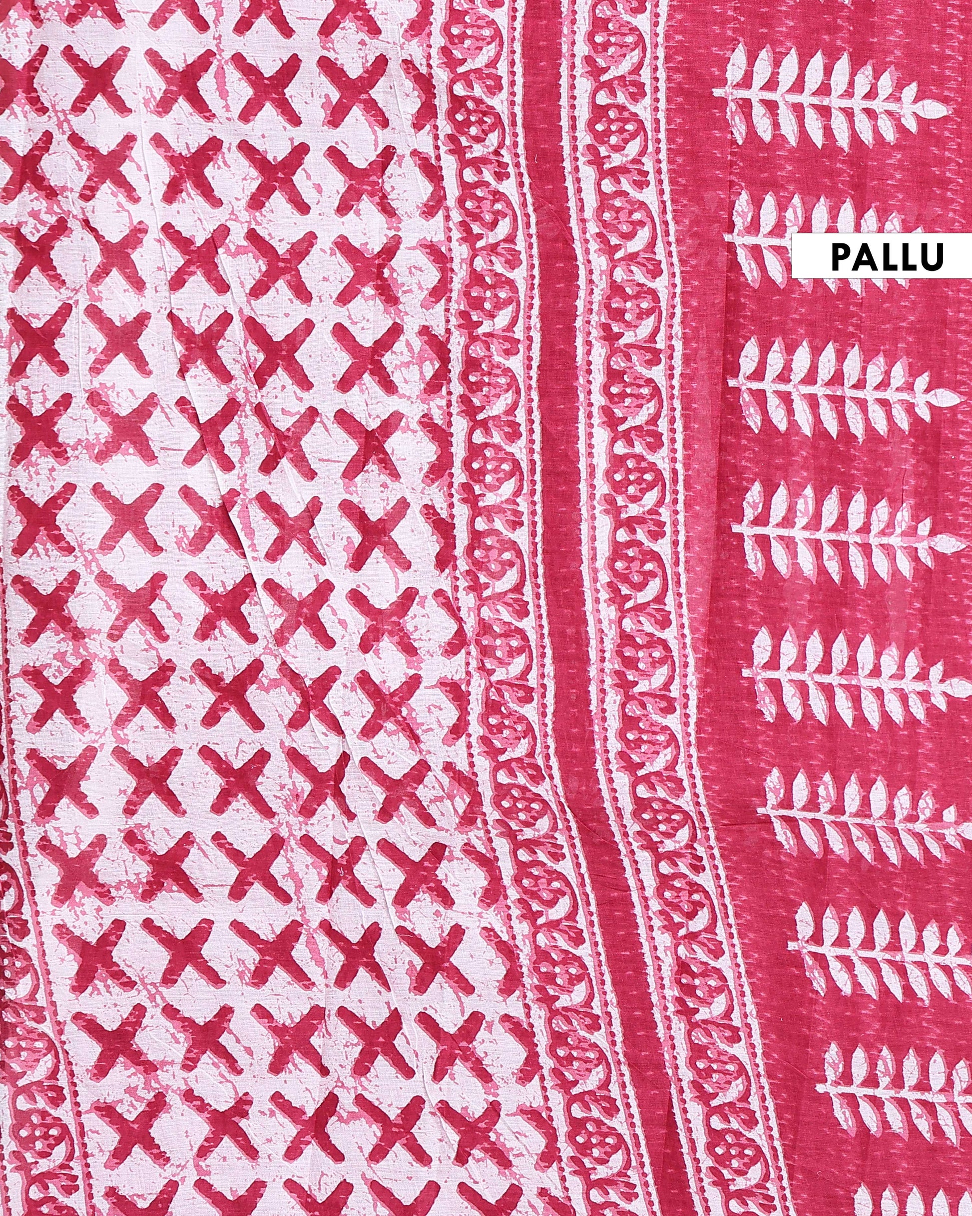 Hand Block Printed Mul Mul Cotton Saree with Floral and Contrast Border - Pink-Pallu