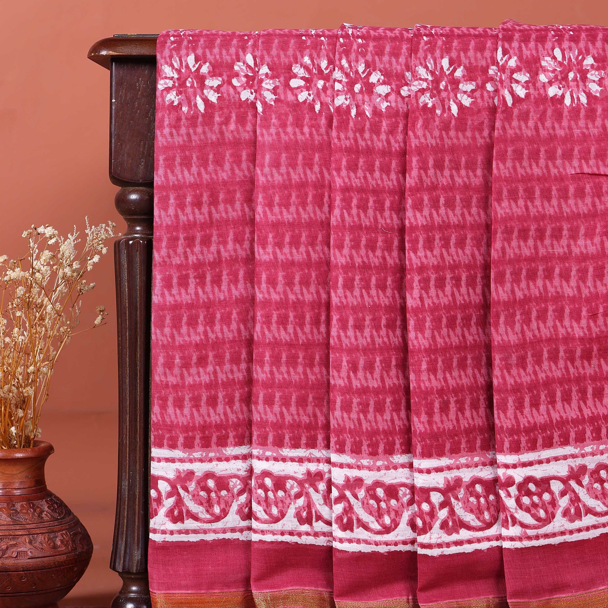 Hand Block Printed Mul Mul Cotton Saree with Floral and Contrast Border - Pink