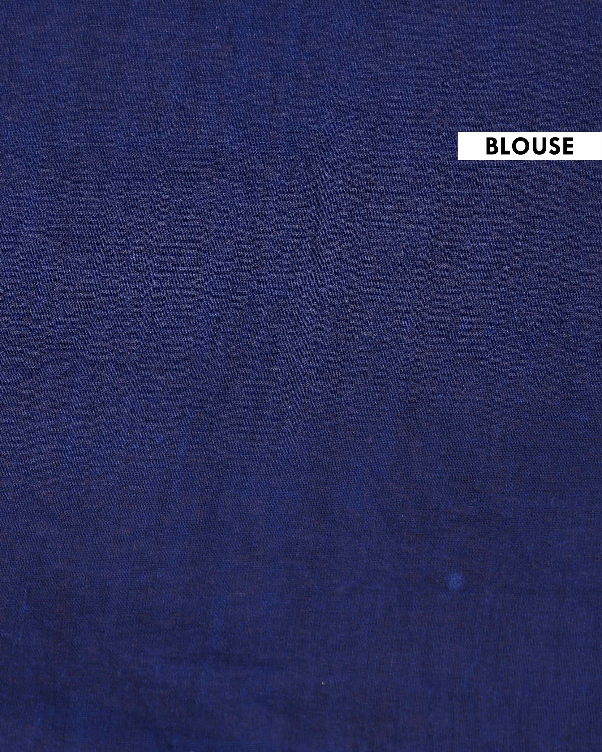 Hand Block Printed Mul Mul Cotton Saree with Geometric and Diamond Motifs - Blue-Blouse