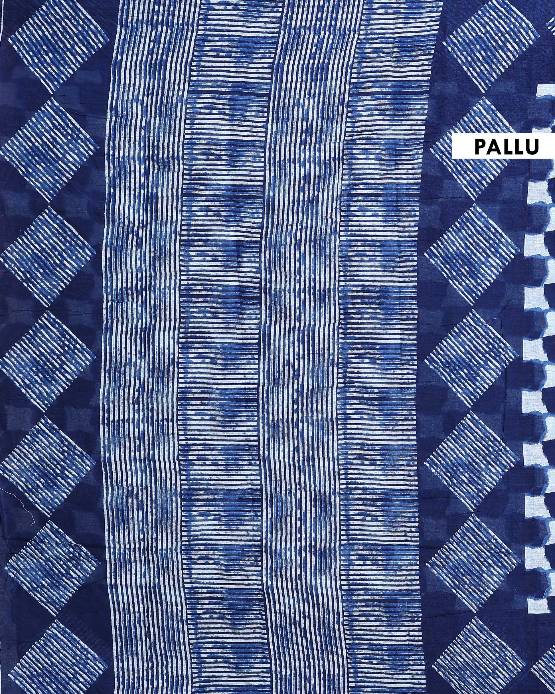 Hand Block Printed Mul Mul Cotton Saree with Geometric and Diamond Motifs - Blue-Pallu