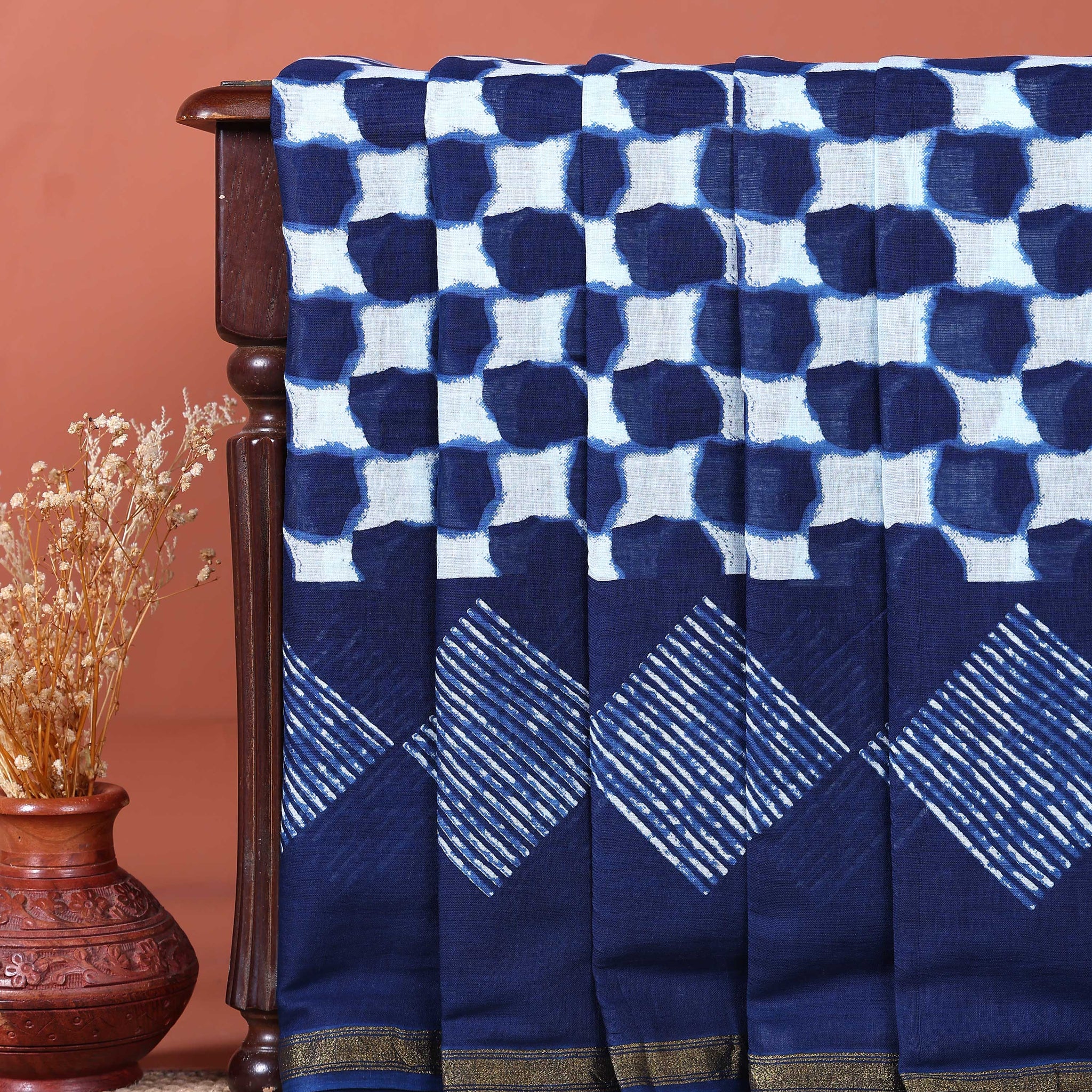 Hand Block Printed Mul Mul Cotton Saree with Geometric and Diamond Motifs - Blue