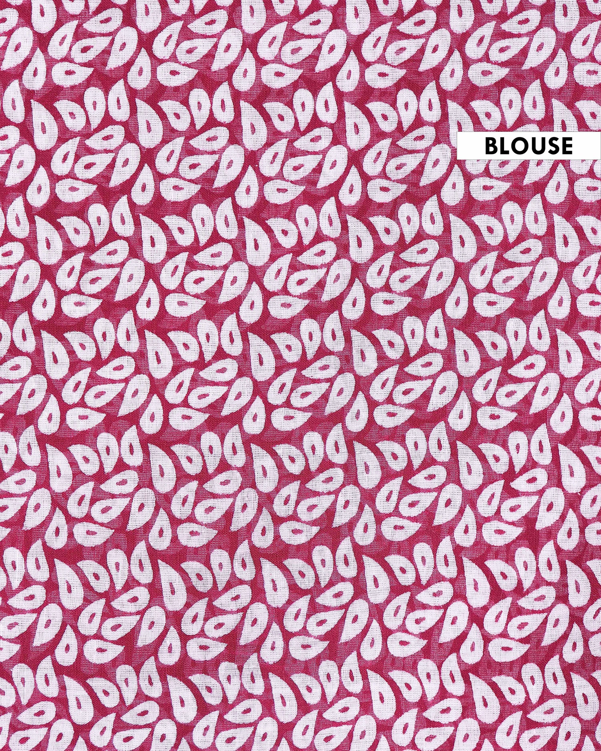 Hand Block Printed Mulmul Cotton Saree with Floral and Leaf Motifs - Maroon-Blouse