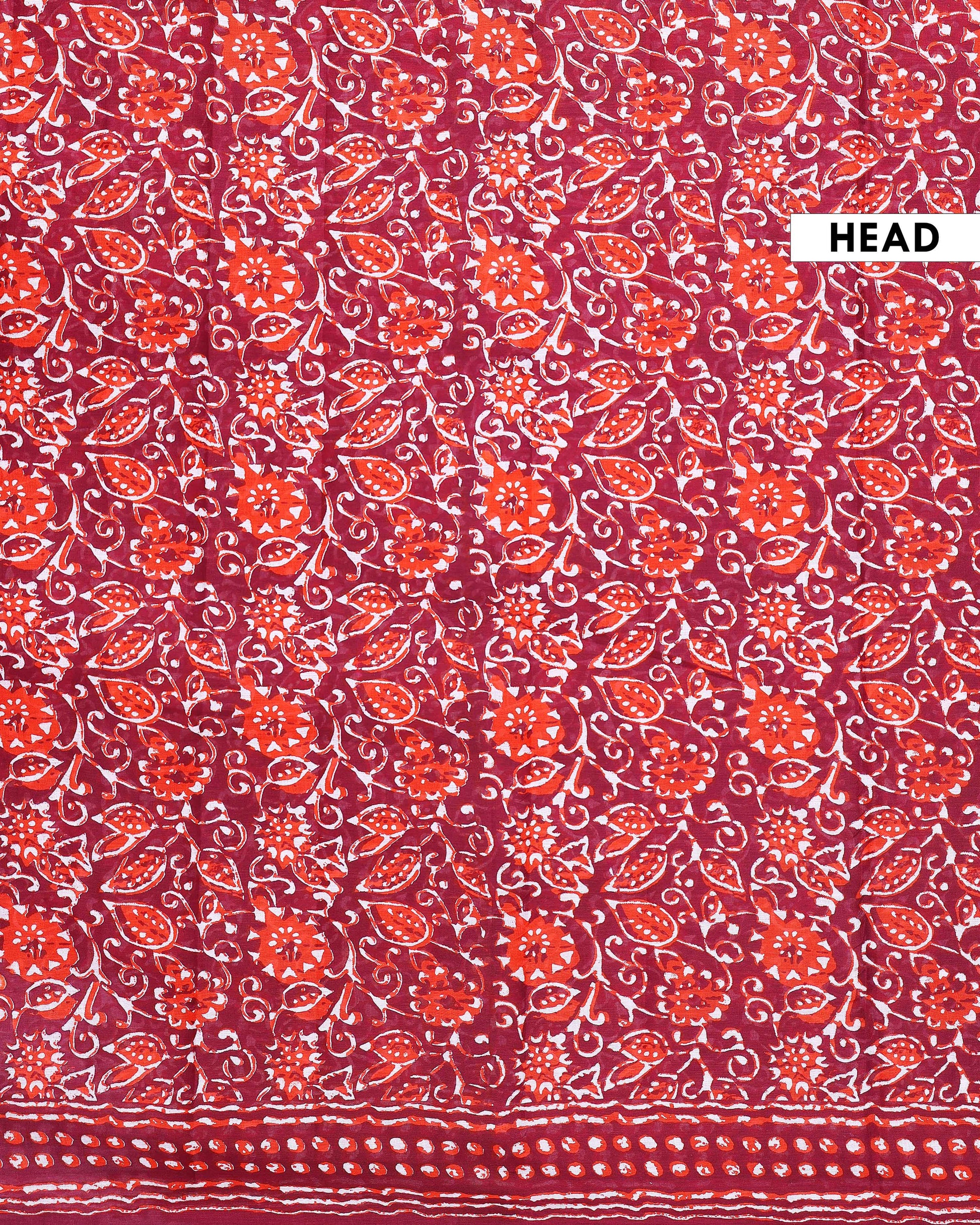 Hand Block Printed Mulmul Cotton Saree with Floral and Leaf Motifs - Maroon-Head