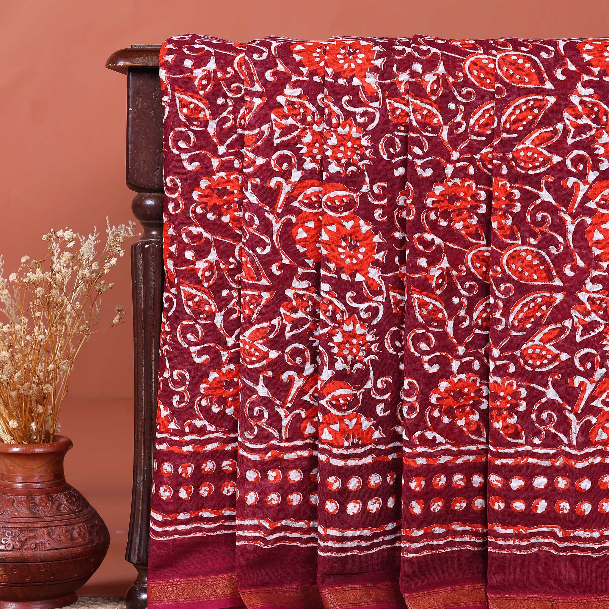Hand Block Printed Mulmul Cotton Saree with Floral and Leaf Motifs - Maroon