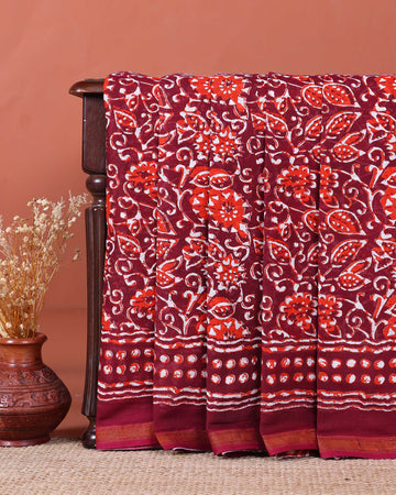 Hand Block Printed Mulmul Cotton Saree with Floral and Leaf Motifs - Maroon