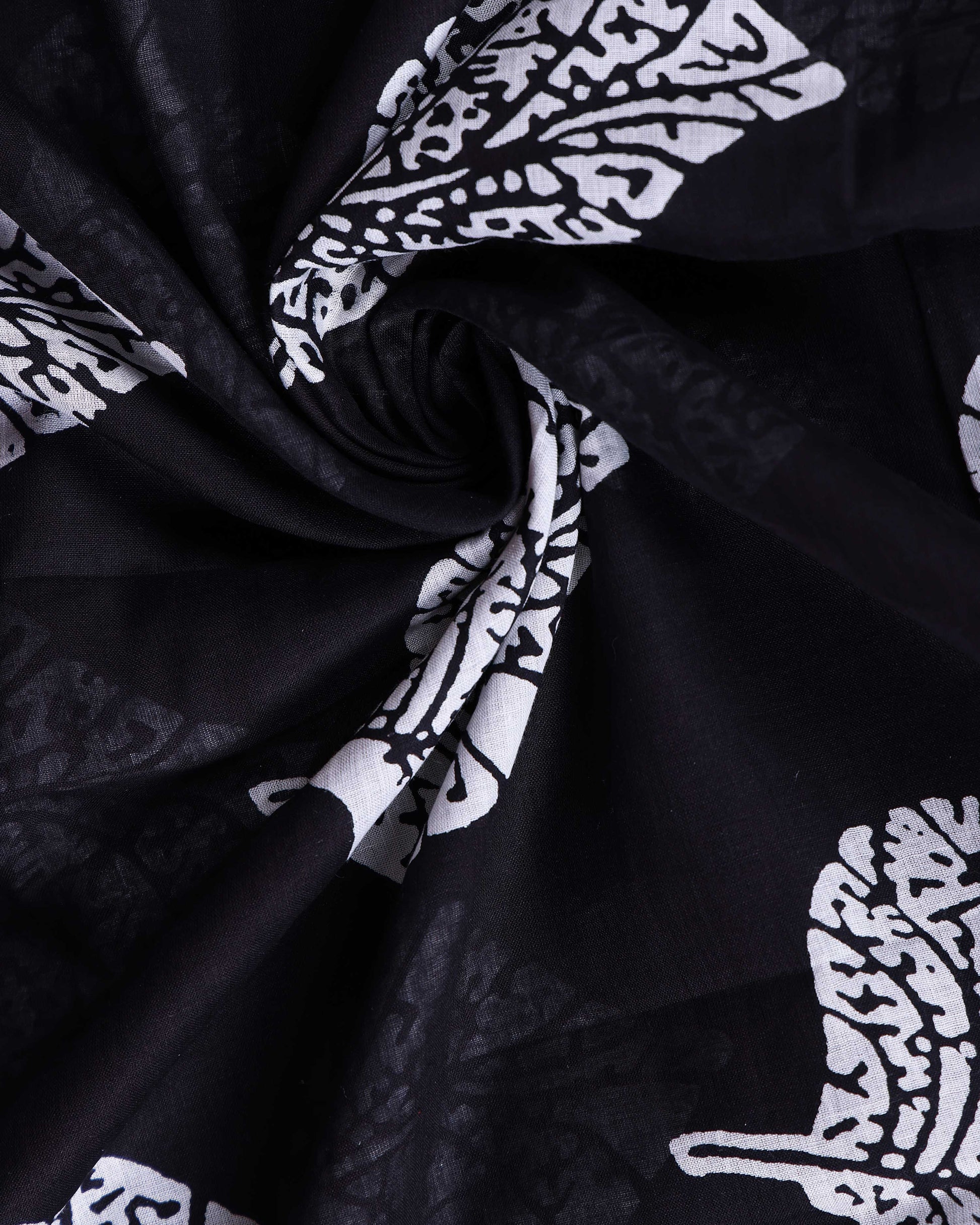 Hand Block Printed Mulmul Cotton Saree with Tree Motif and Striped Border - Black-Close