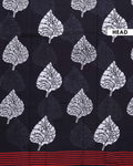 Hand Block Printed Mulmul Cotton Saree with Tree Motif and Striped Border - Black-Head