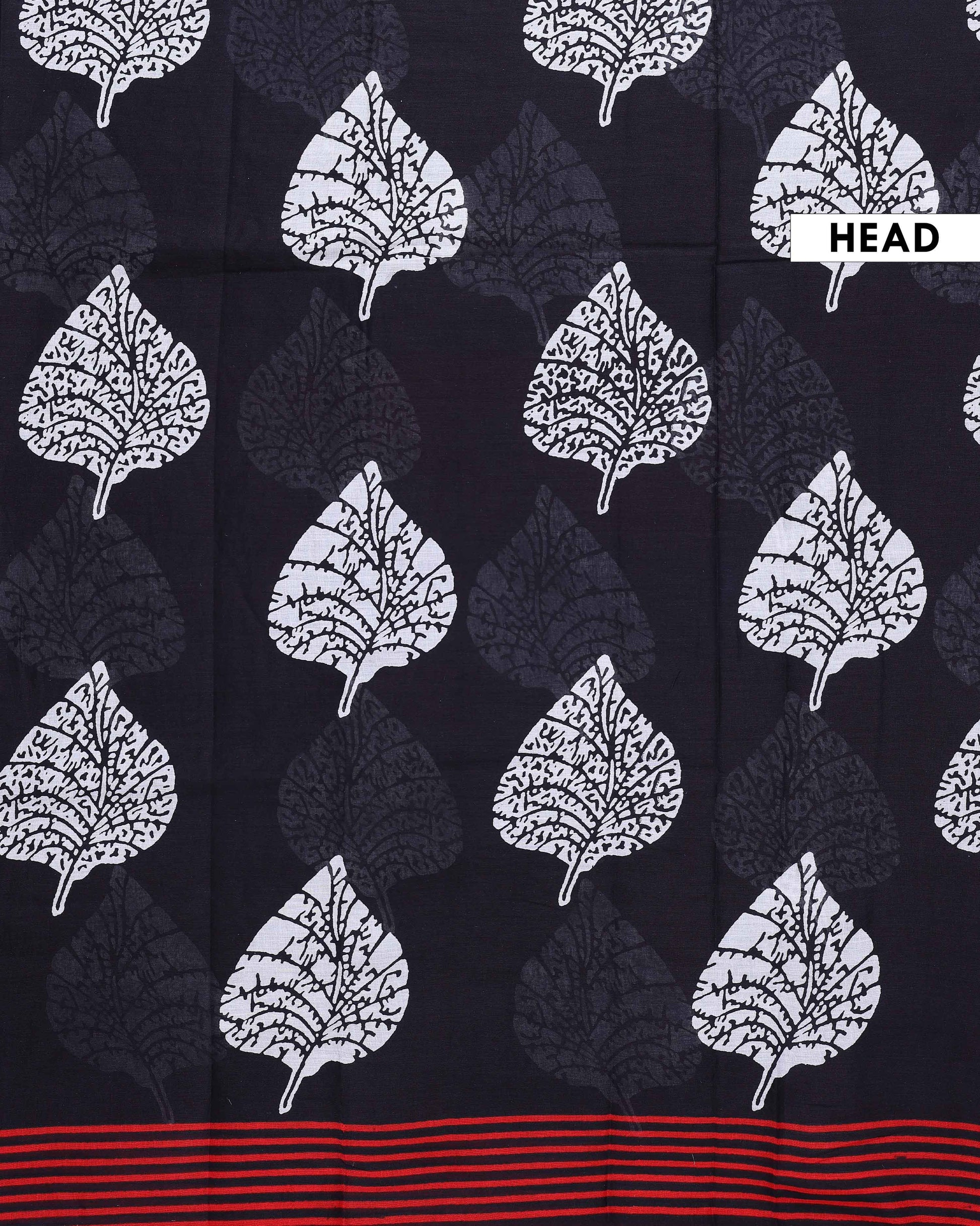 Hand Block Printed Mulmul Cotton Saree with Tree Motif and Striped Border - Black-Head