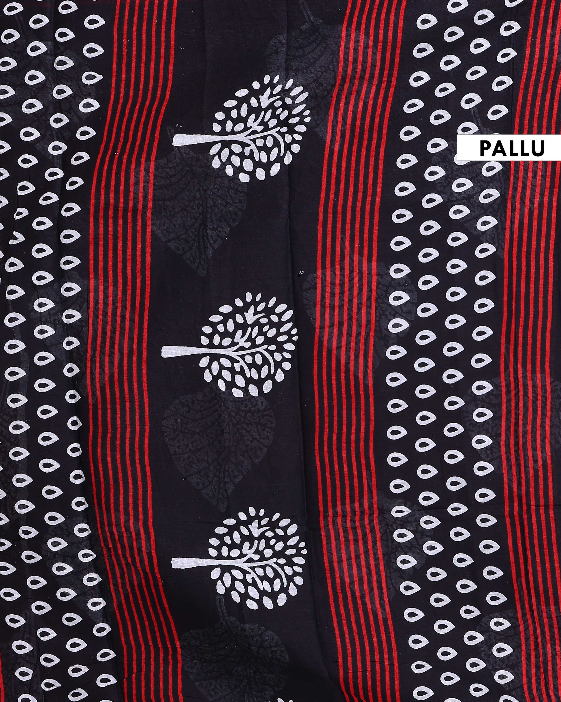 Hand Block Printed Mulmul Cotton Saree with Tree Motif and Striped Border - Black-Pallu