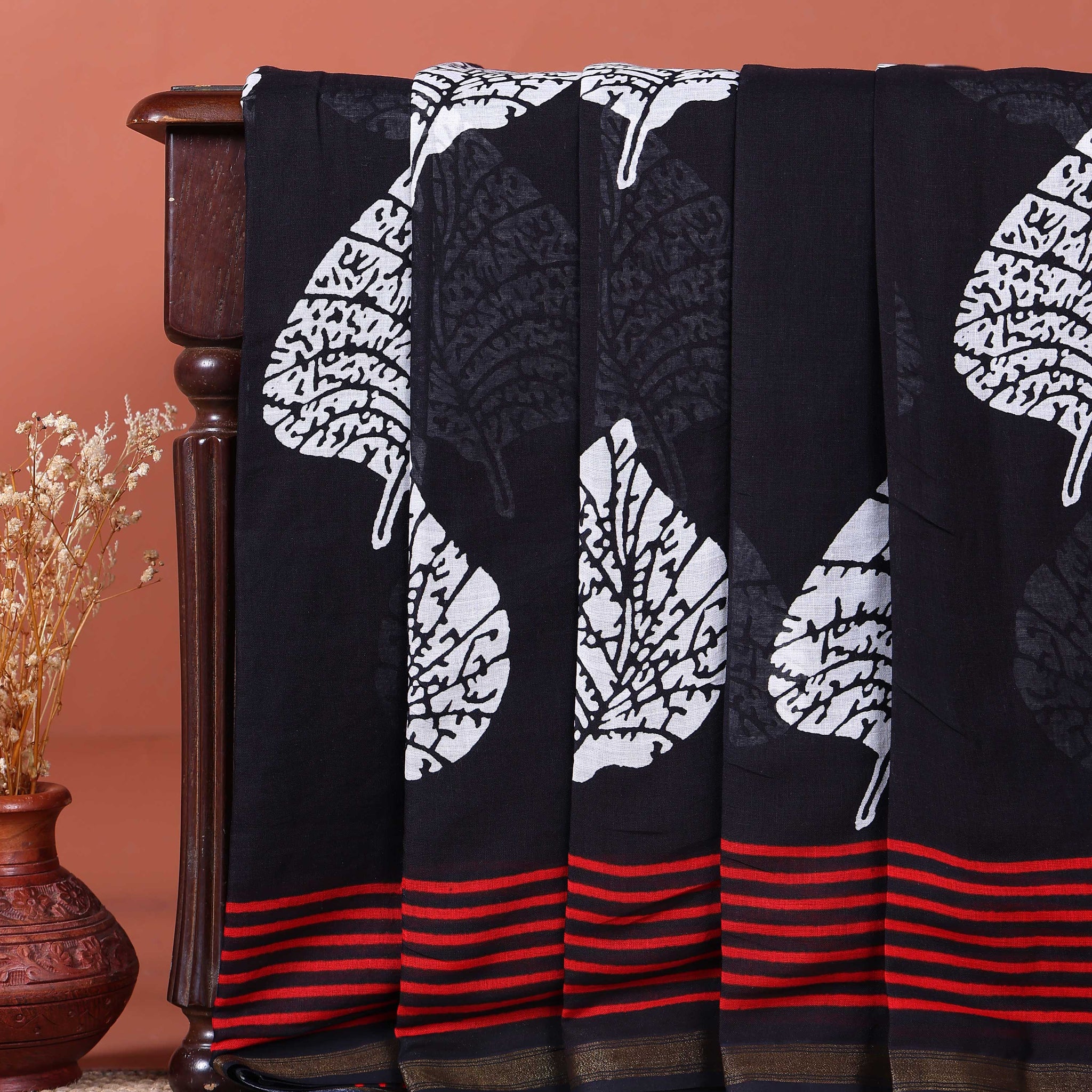 Hand Block Printed Mulmul Cotton Saree with Tree Motif and Striped Border - Black