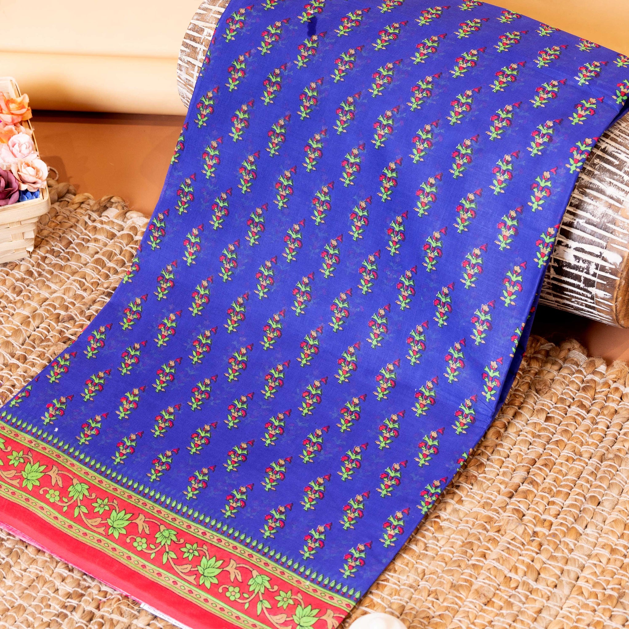 Hand Block Printed Voile Cotton Saree with Floral Buti and Intricate Border - Blue 