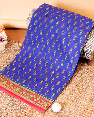 Hand Block Printed Voile Cotton Saree with Floral Buti and Intricate Border - Blue 