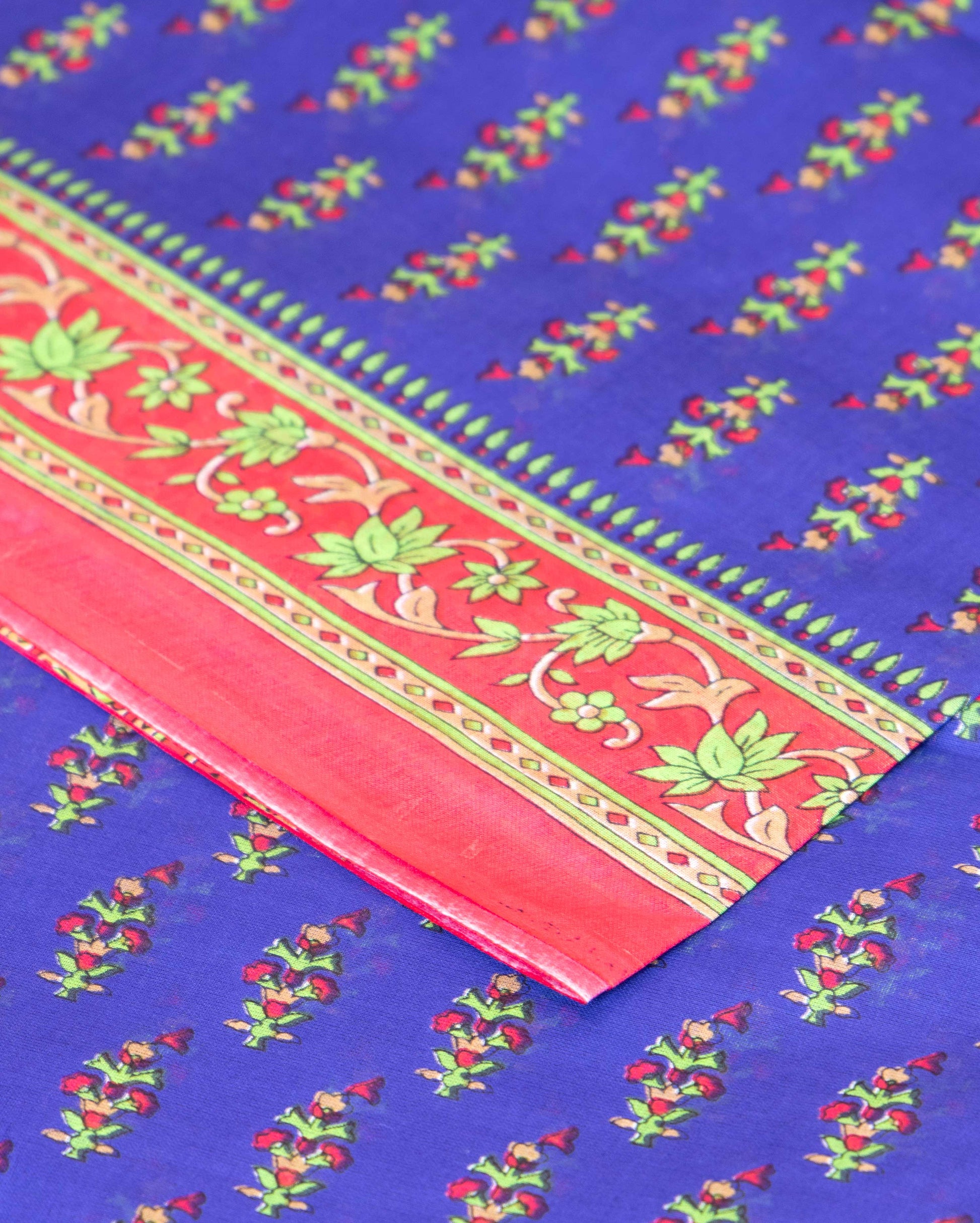 Hand Block Printed Voile Cotton Saree with Floral Buti and Intricate Border - Blue 