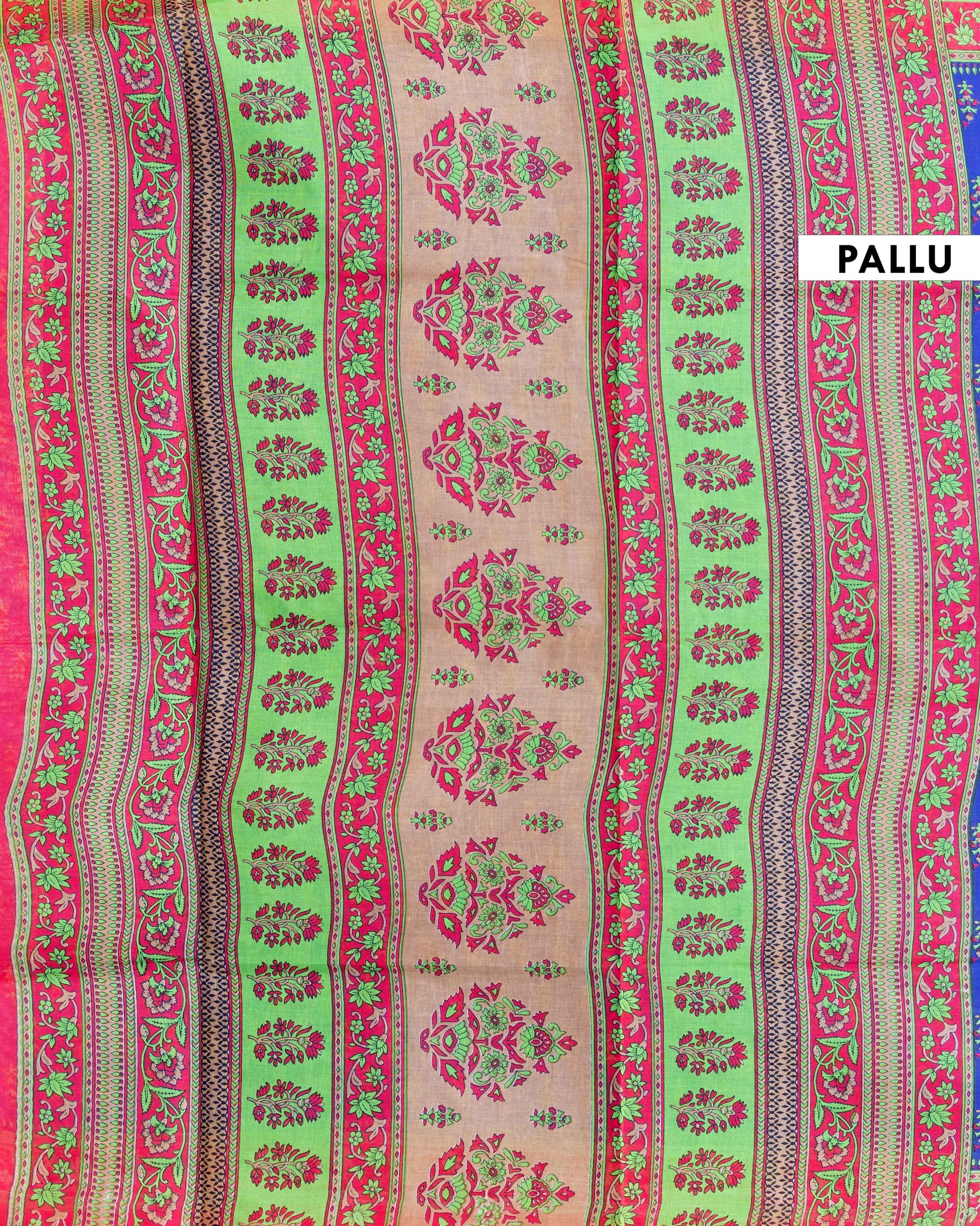 Hand Block Printed Voile Cotton Saree with Floral Buti and Intricate Border - Blue 