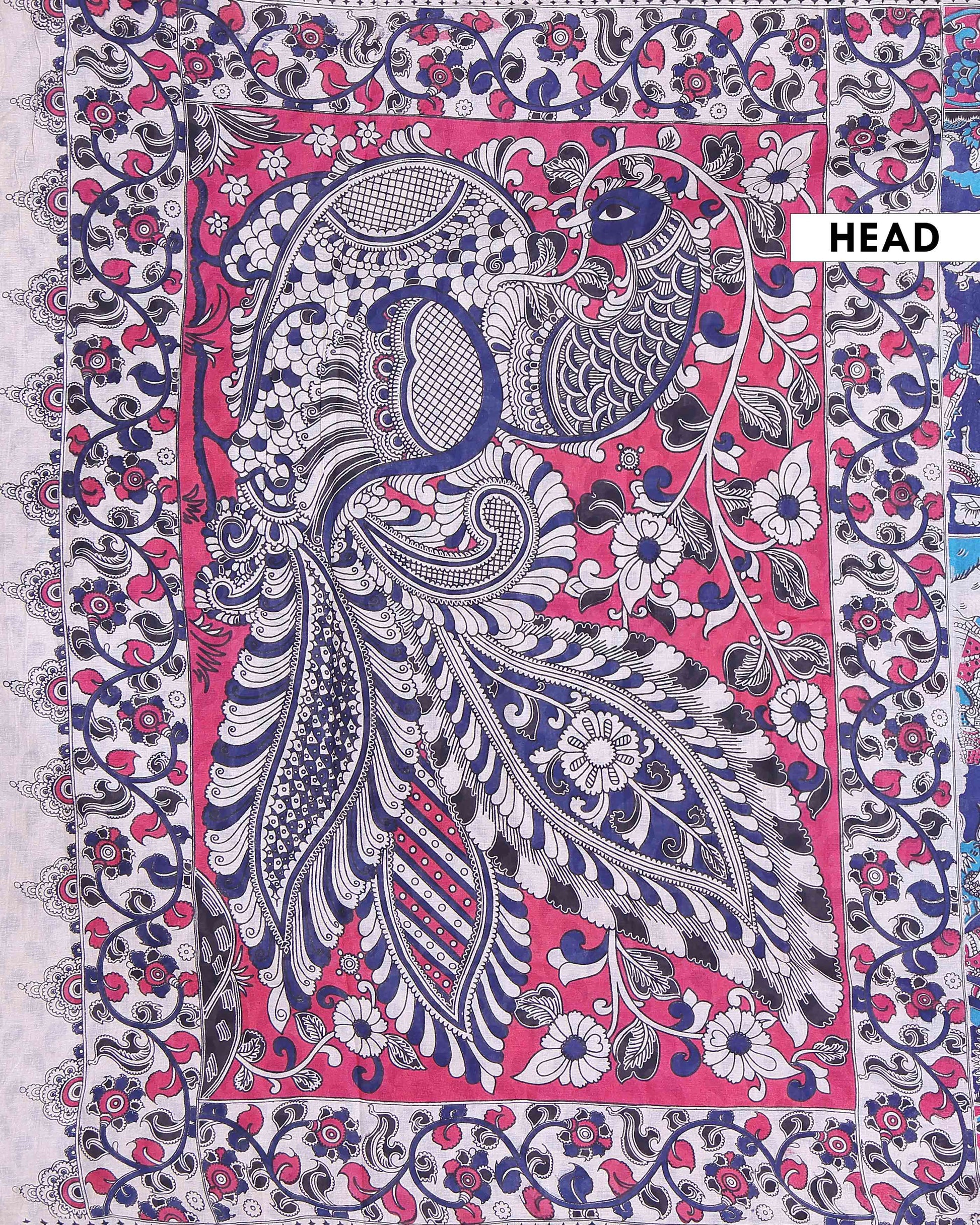 Traditional Hand Painted Kalamkari Cotton Saree with Traditional Mythological and Floral Motifs - Blue