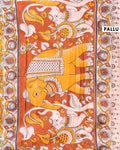 Handblock Printed Kalamkari Cotton Saree with Ornate Animal Portraits and Floral Accents - Orange