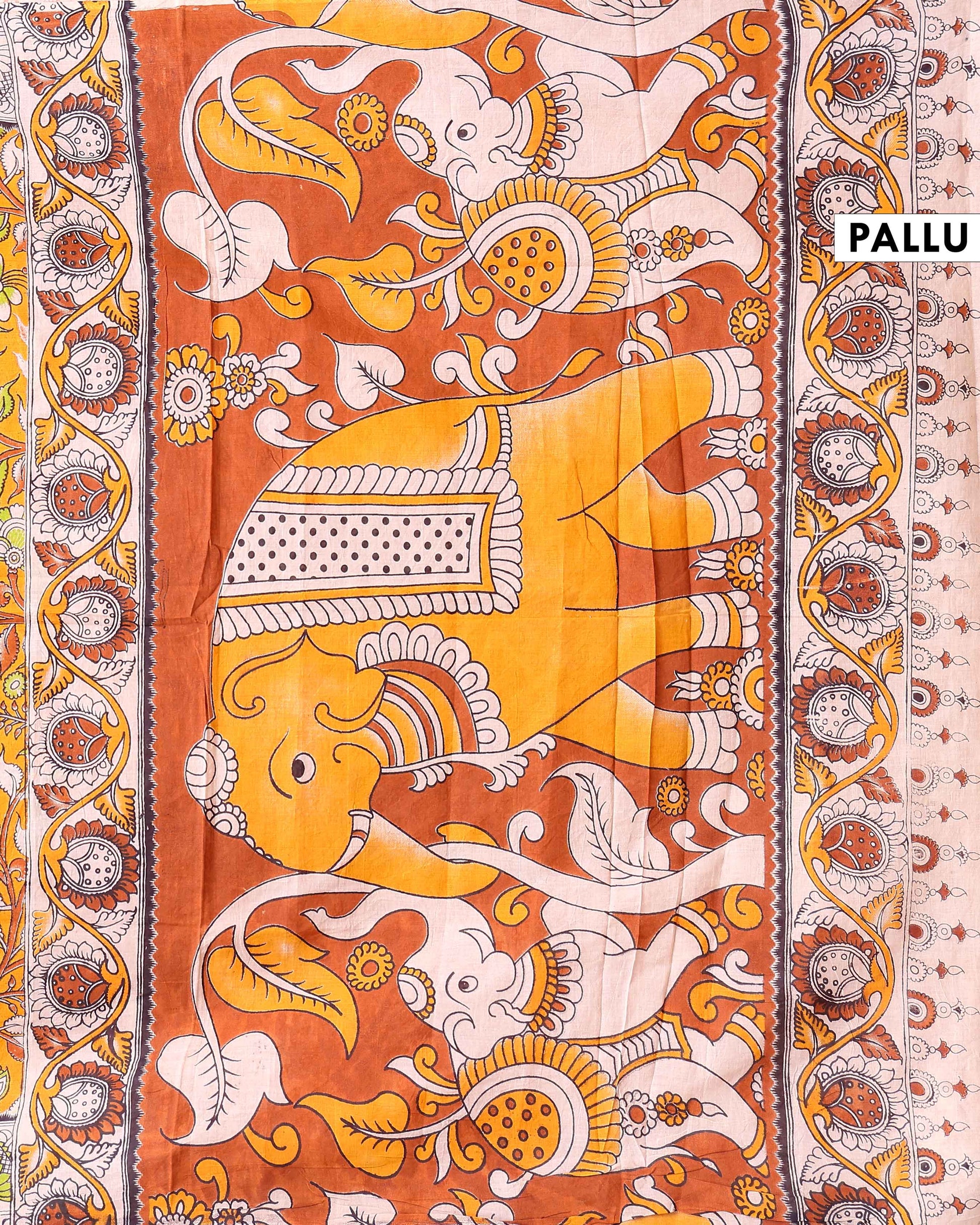 Handblock Printed Kalamkari Cotton Saree with Ornate Animal Portraits and Floral Accents - Orange
