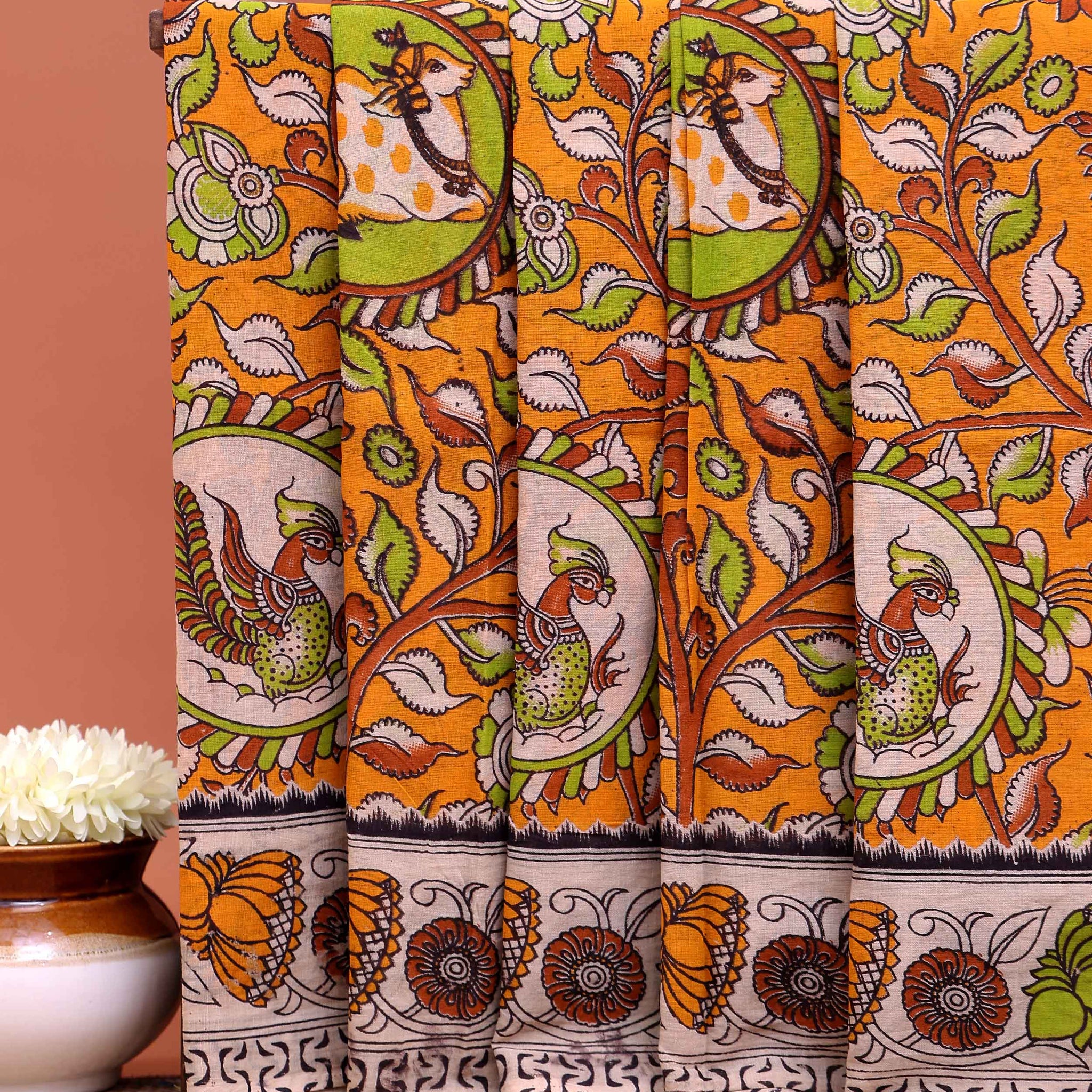 Handblock Printed Kalamkari Cotton Saree with Ornate Animal Portraits and Floral Accents - Orange