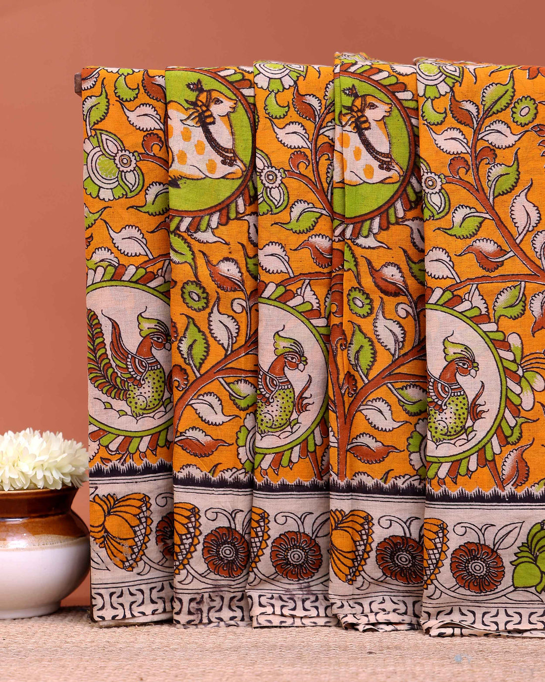 Handblock Printed Kalamkari Cotton Saree with Ornate Animal Portraits and Floral Accents - Orange