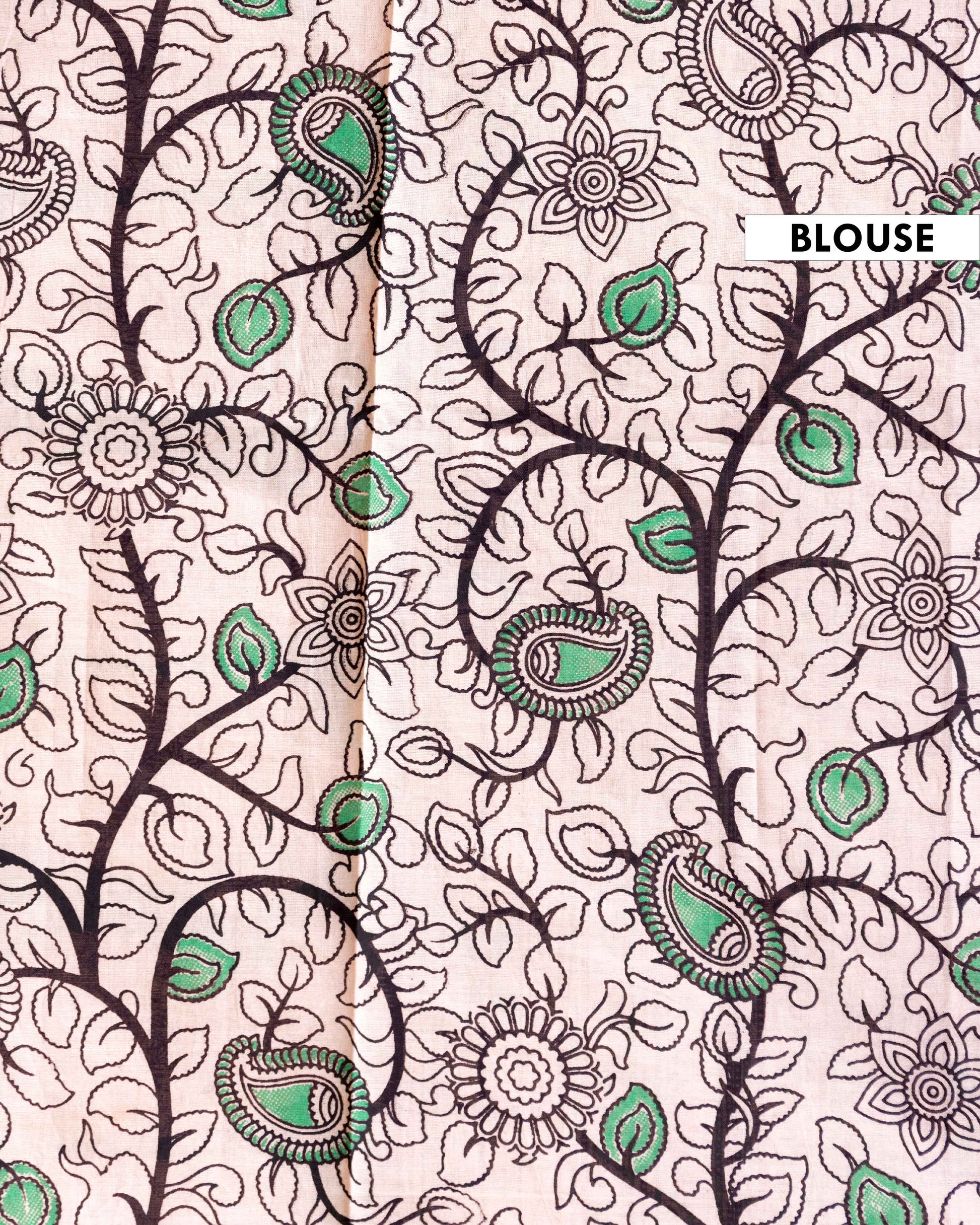 Handblock Printed Kalamkari Cotton Saree with Traditional Peacock & Floral Motifs - Green