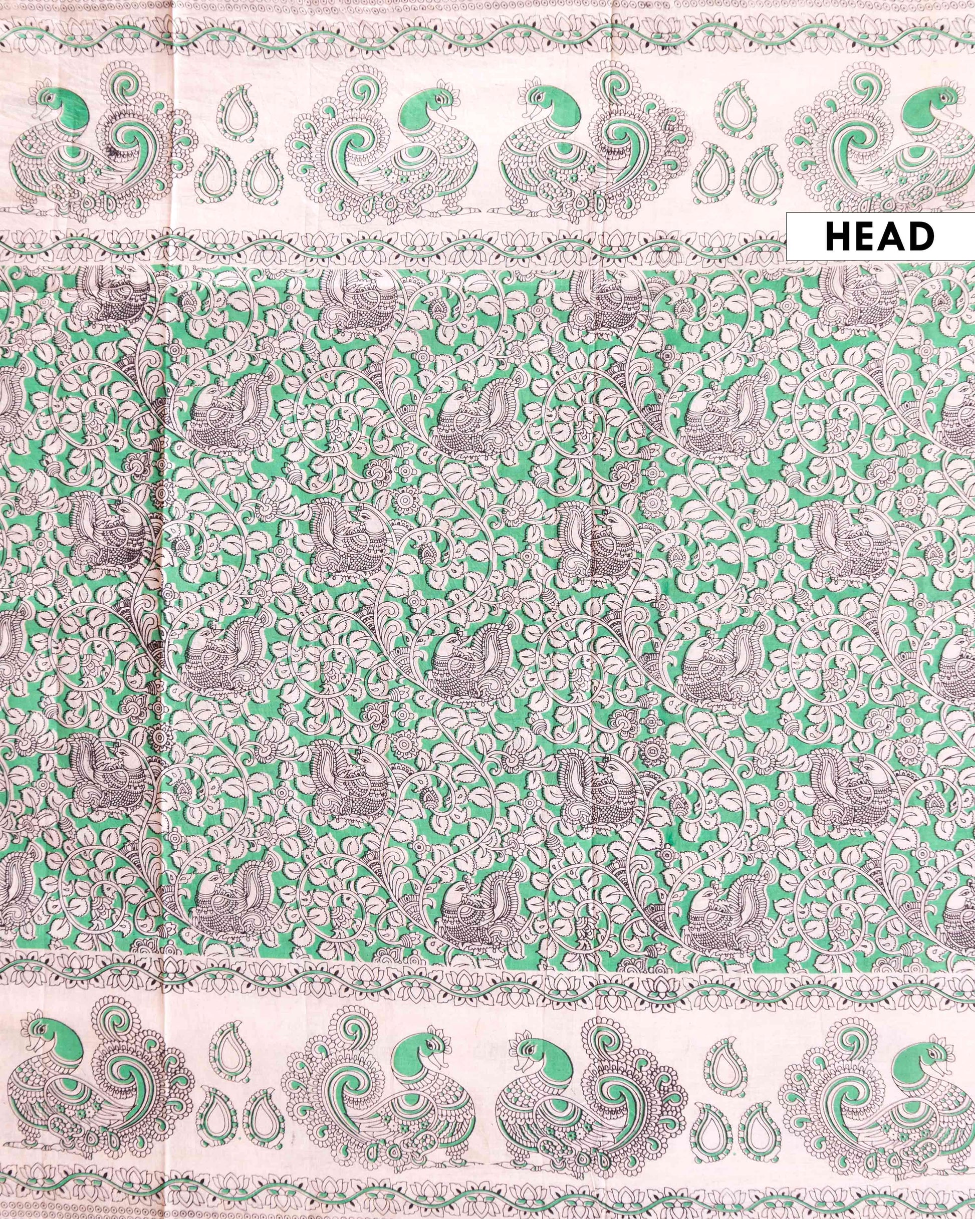 Handblock Printed Kalamkari Cotton Saree with Traditional Peacock & Floral Motifs - Green
