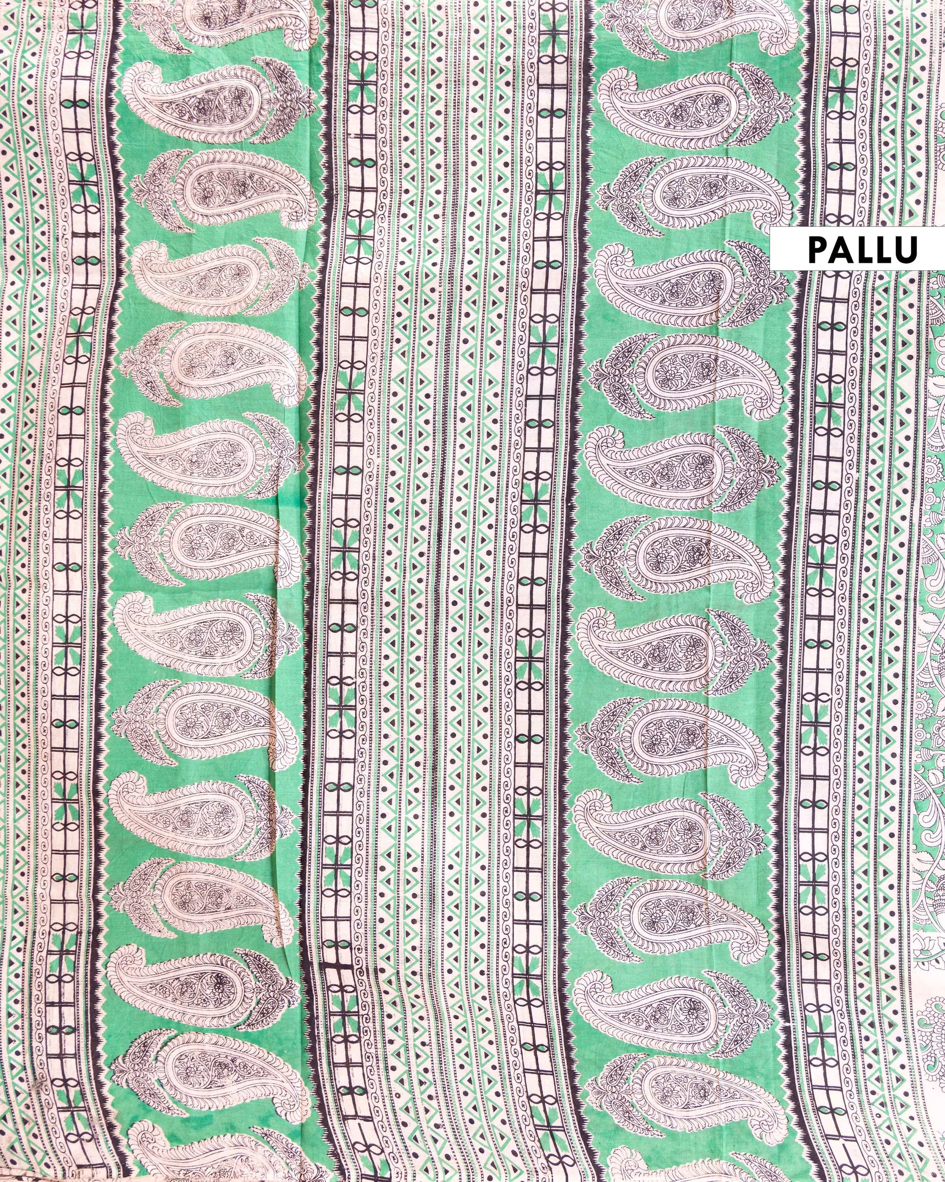 Handblock Printed Kalamkari Cotton Saree with Traditional Peacock & Floral Motifs - Green